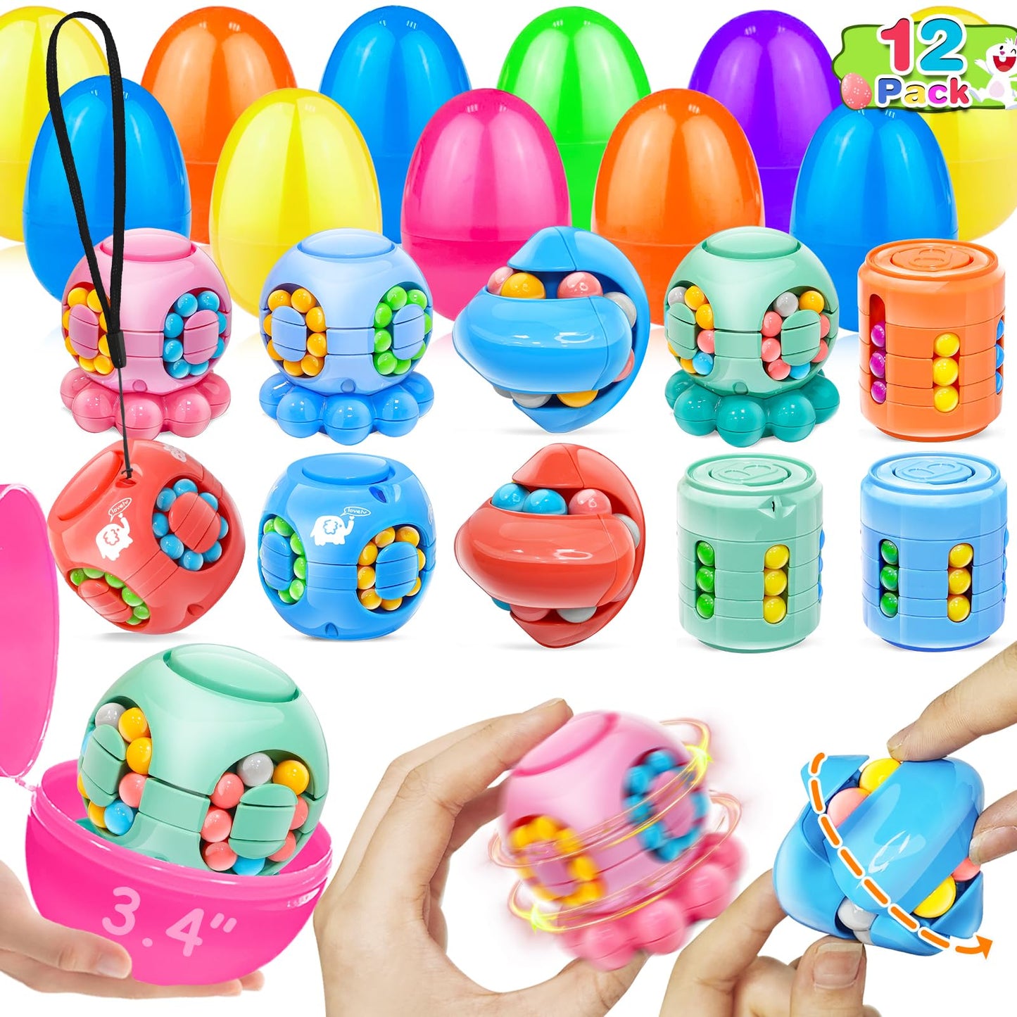 AMENON 12-Pack 3.4-Inch Jumbo Filled Easter Eggs with Toys – 4 Styles Fidget Spinners for Easter Fun
