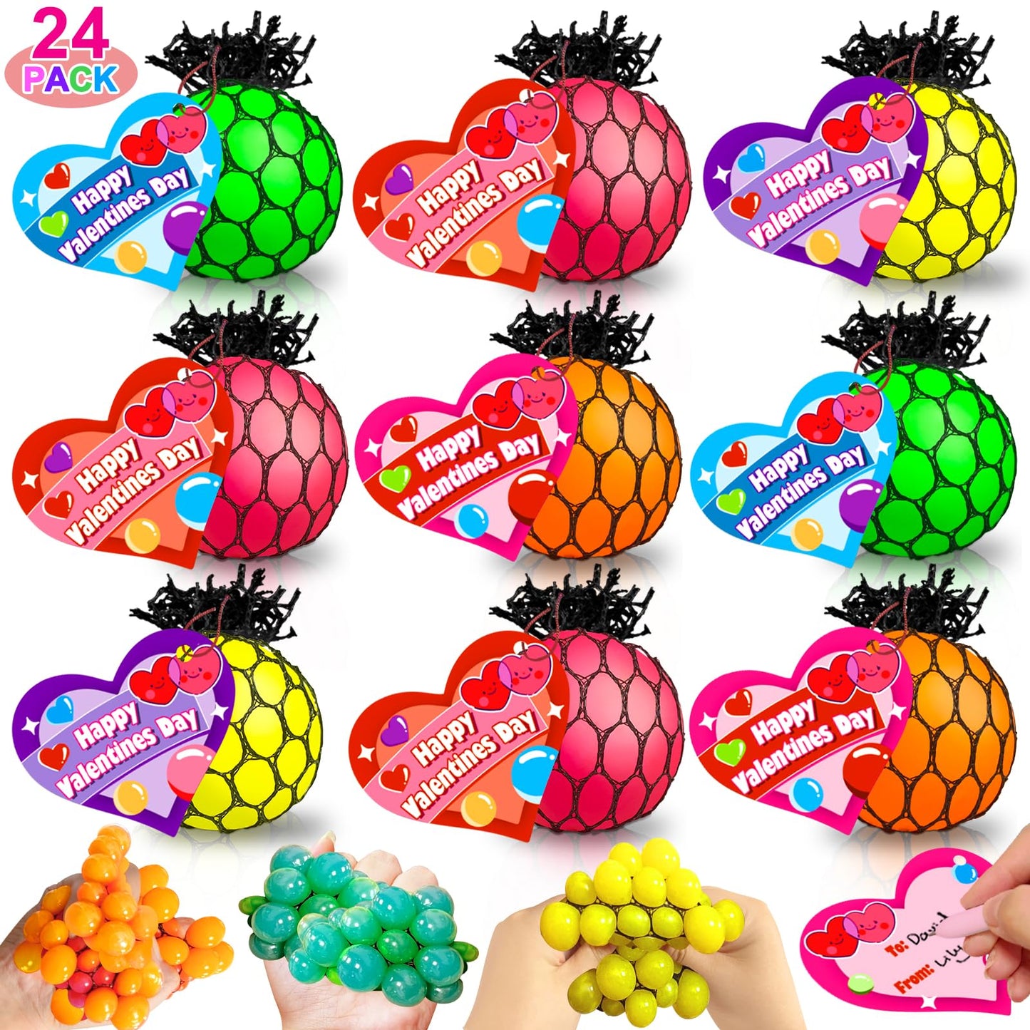 AMENON 24 Pack Valentines Day Gifts for Kids & Teens – Fidget Stress Balls with Cards