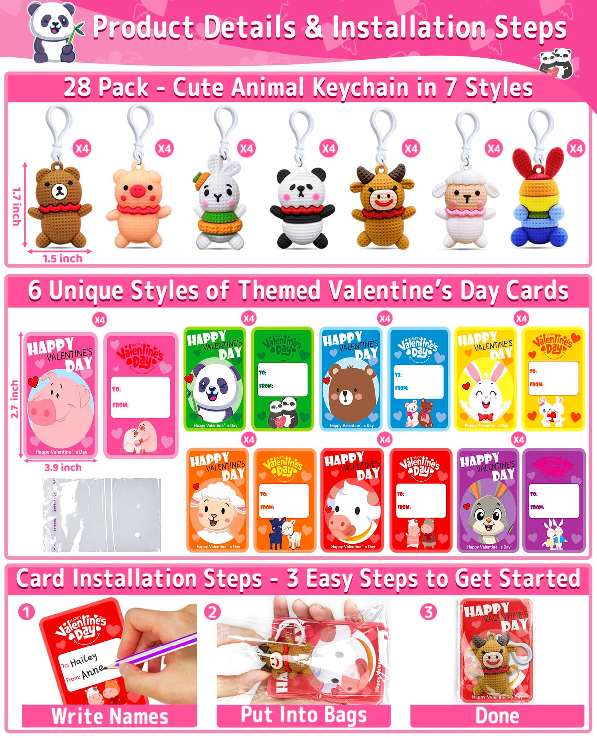 AMENON 28-Pack Valentines Day Gift Set for Kids — 7 Animal Keychains + Cards for Classroom Exchanges & Party Favors