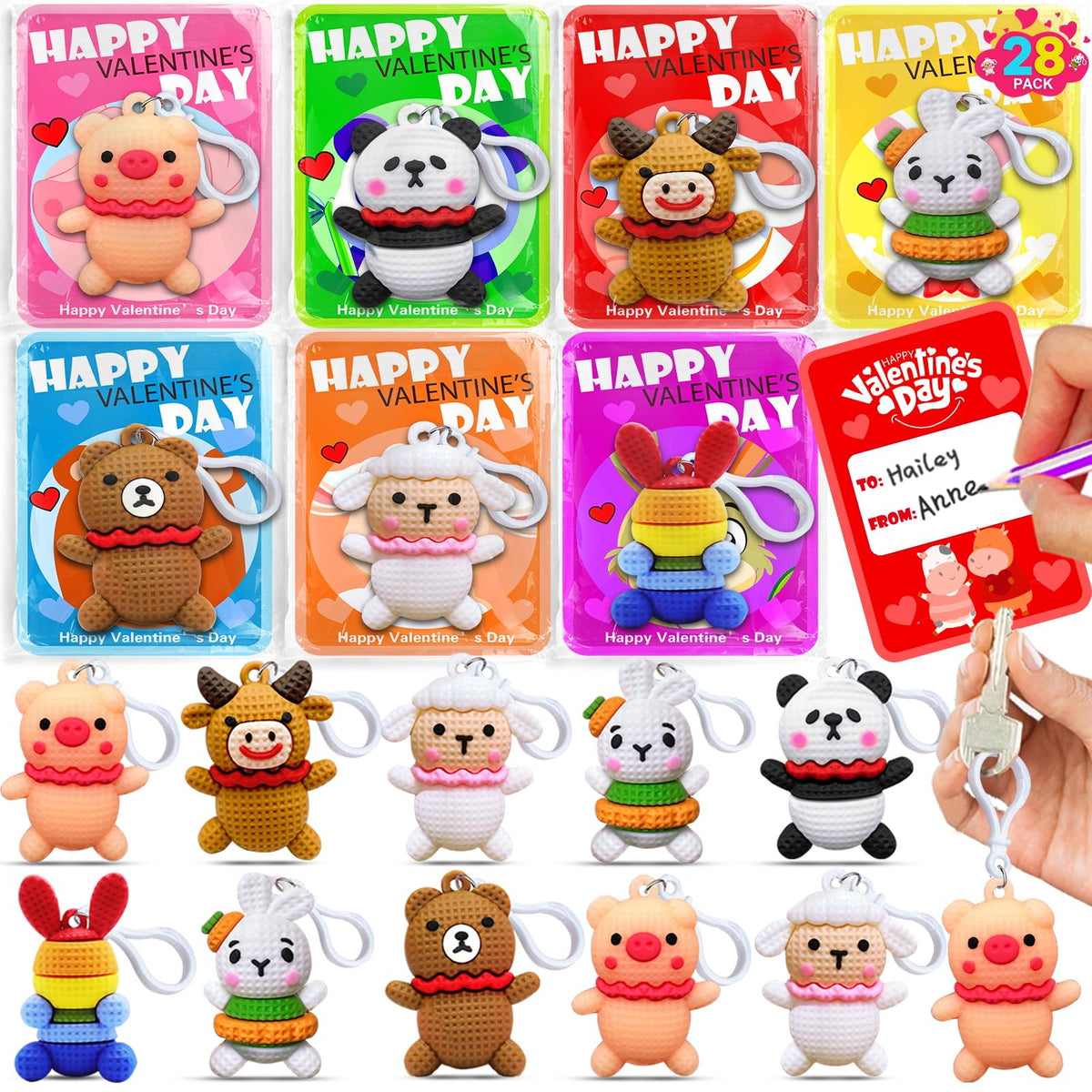 AMENON 28-Pack Valentines Day Gift Set for Kids — 7 Animal Keychains + Cards for Classroom Exchanges & Party Favors