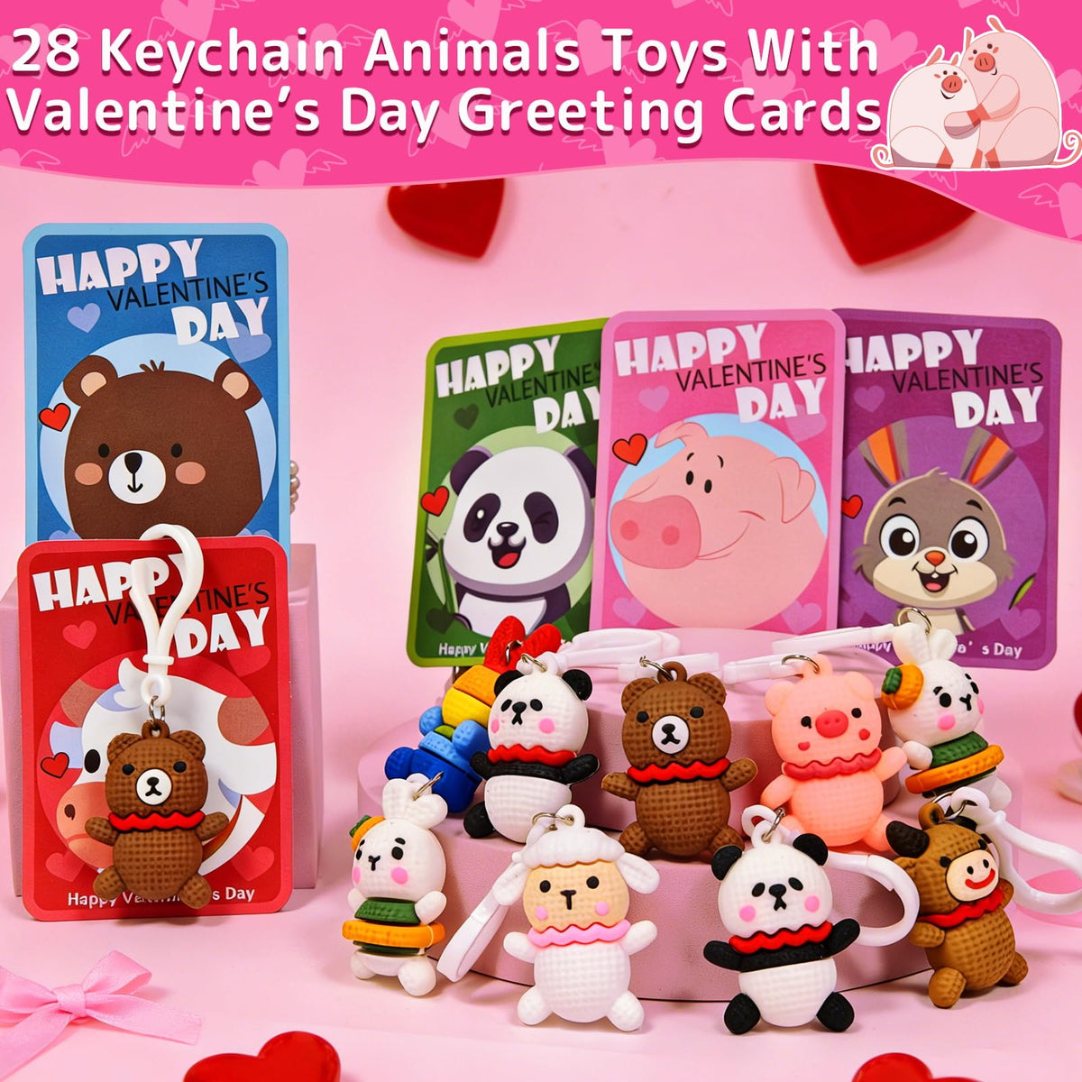 AMENON 28-Pack Valentines Day Gift Set for Kids — 7 Animal Keychains + Cards for Classroom Exchanges & Party Favors