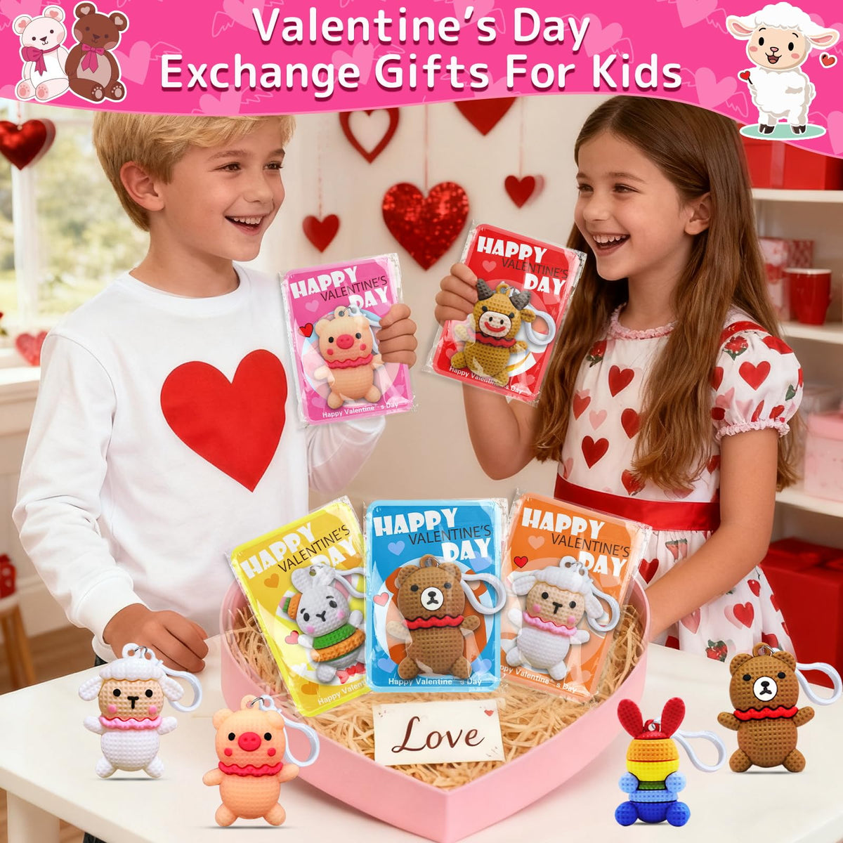 AMENON 28-Pack Valentines Day Gift Set for Kids — 7 Animal Keychains + Cards for Classroom Exchanges & Party Favors