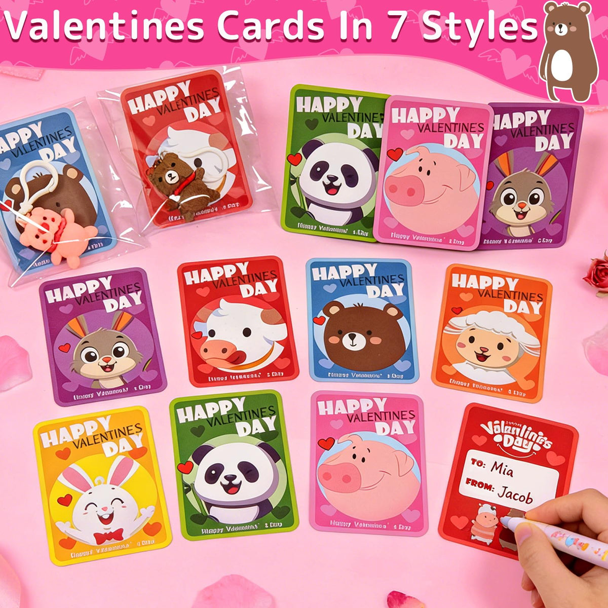 AMENON 28-Pack Valentines Day Gift Set for Kids — 7 Animal Keychains + Cards for Classroom Exchanges & Party Favors