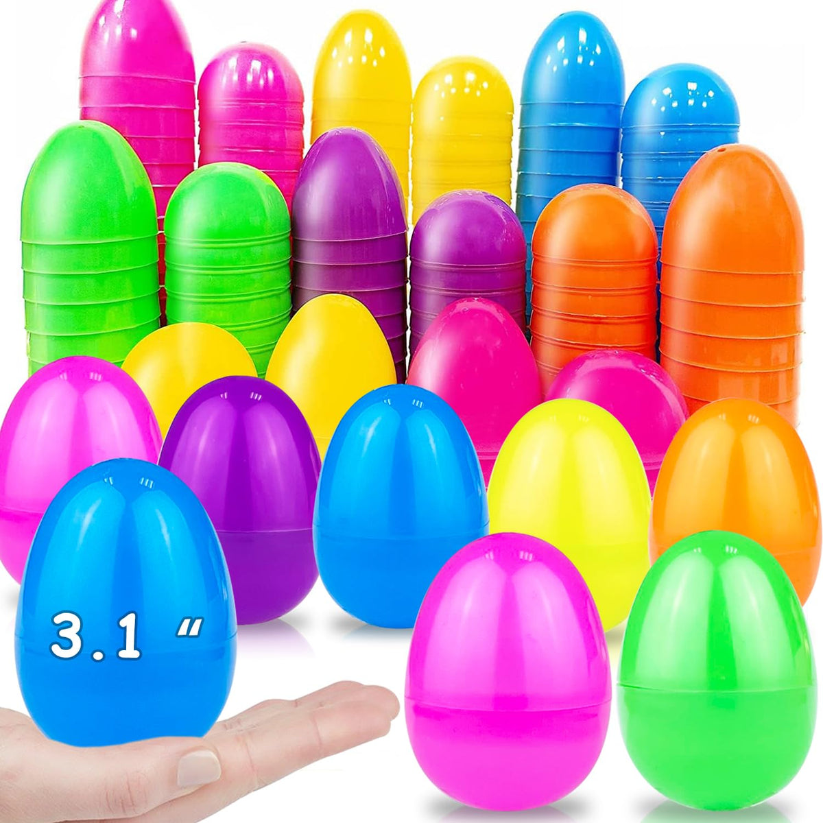 AMENON 3.1-Inch Jumbo Easter Eggs – 50 Pack, 6 Colors, Hinged Fillable