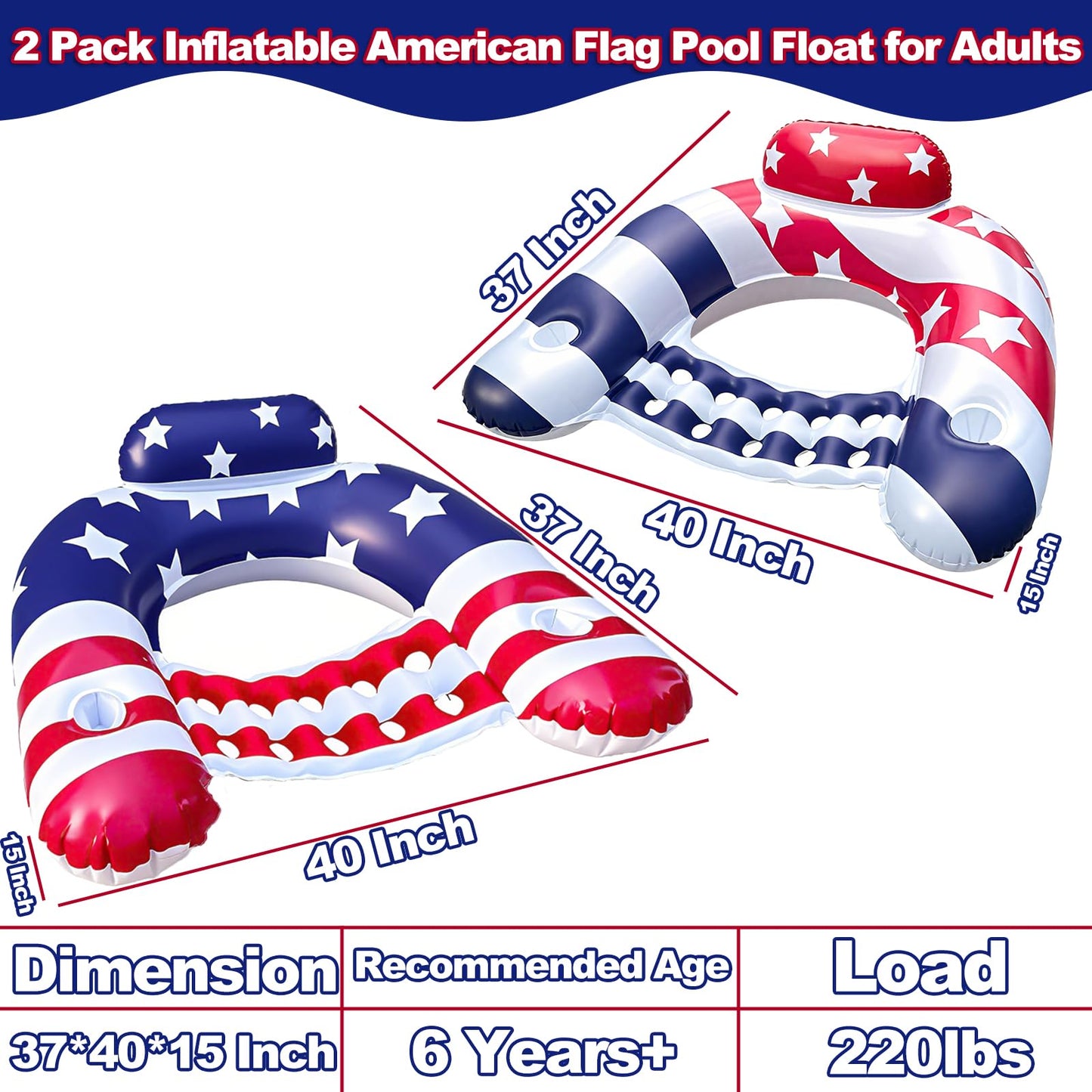 AMENON 2 Pack Inflatable Pool Floats Chair – American Flag Lounge with Cup Holders | Summer Beach