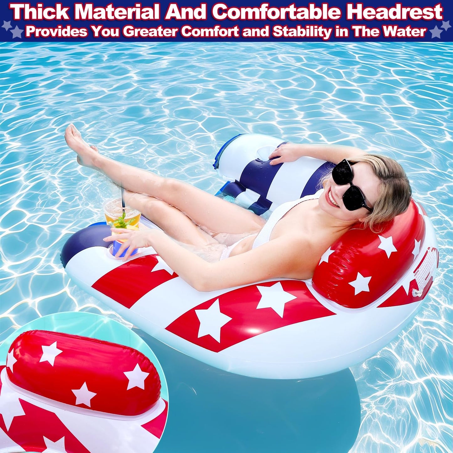 AMENON 2 Pack Inflatable Pool Floats Chair – American Flag Lounge with Cup Holders | Summer Beach
