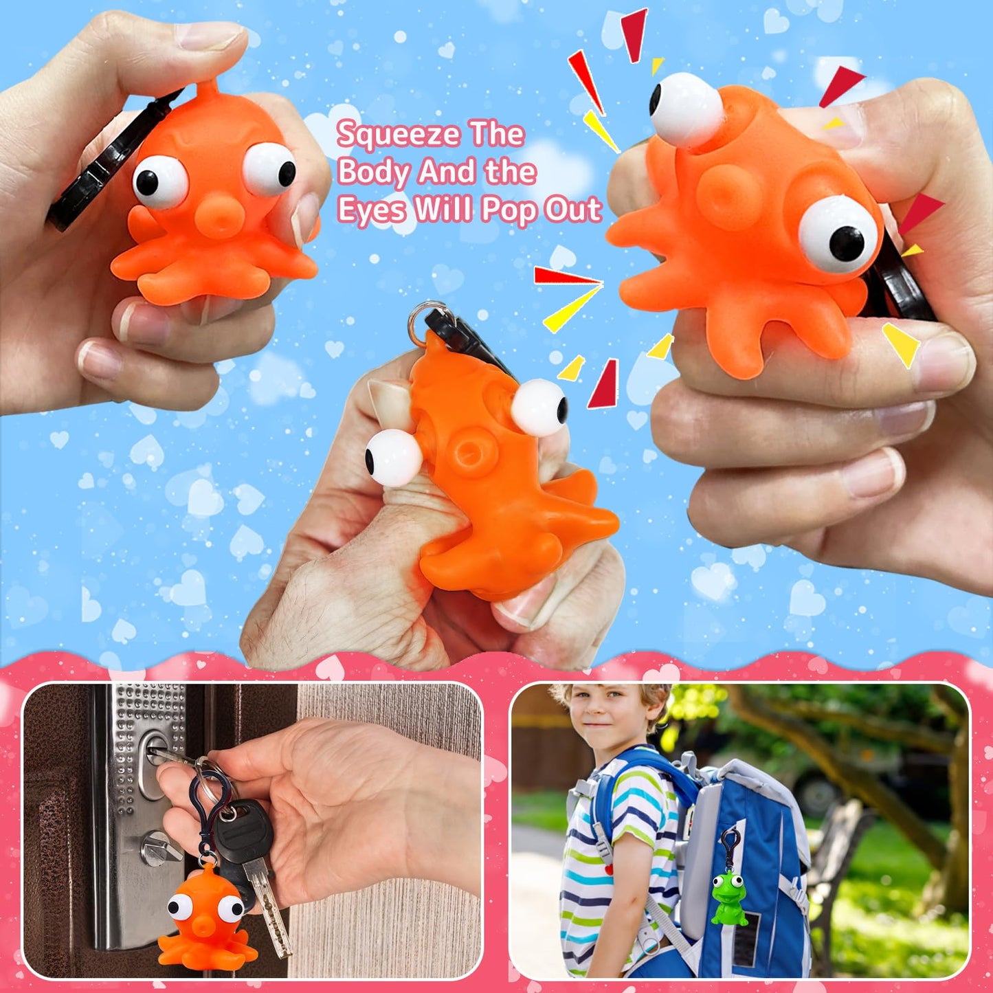 AMENON Valentines Day Kids Gift Set: 24 Cards with Squeeze Animals & Popping-Eye Keychains