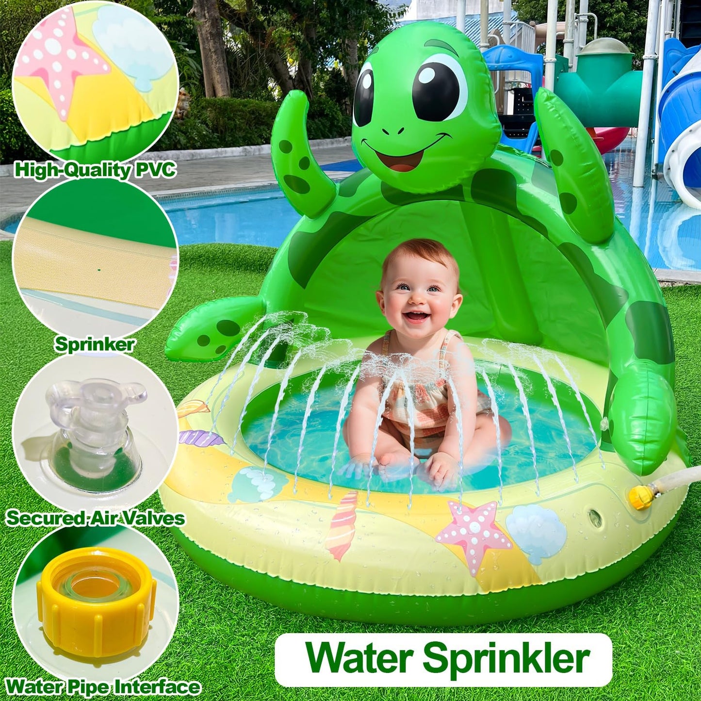 AMENON Turtle Baby Pool Sprinkler with Canopy – 41x35in Water Play Mat