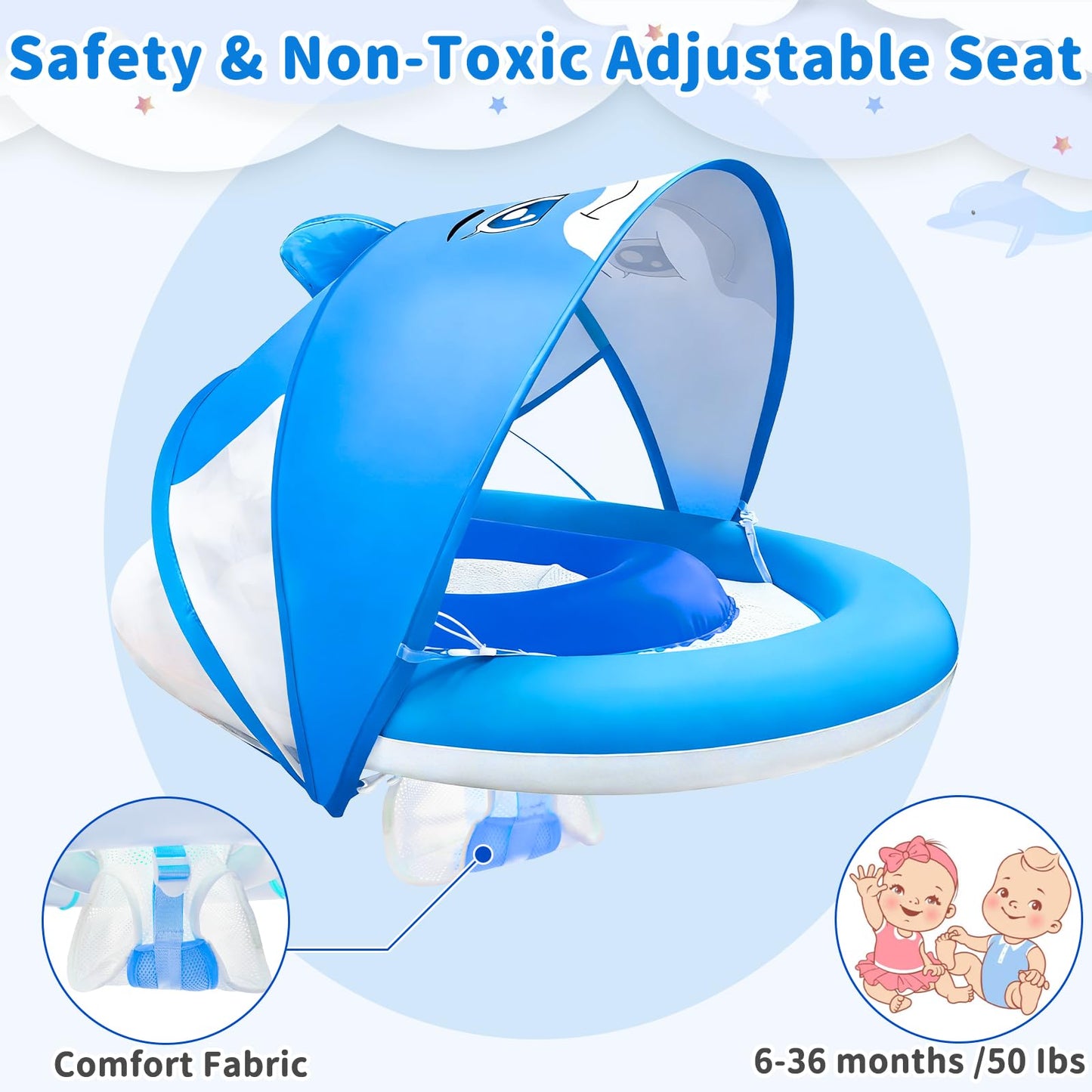 AMENON Baby Pool Float with Canopy – UPF 50+ Sun Protection, Dual Air Chambers
