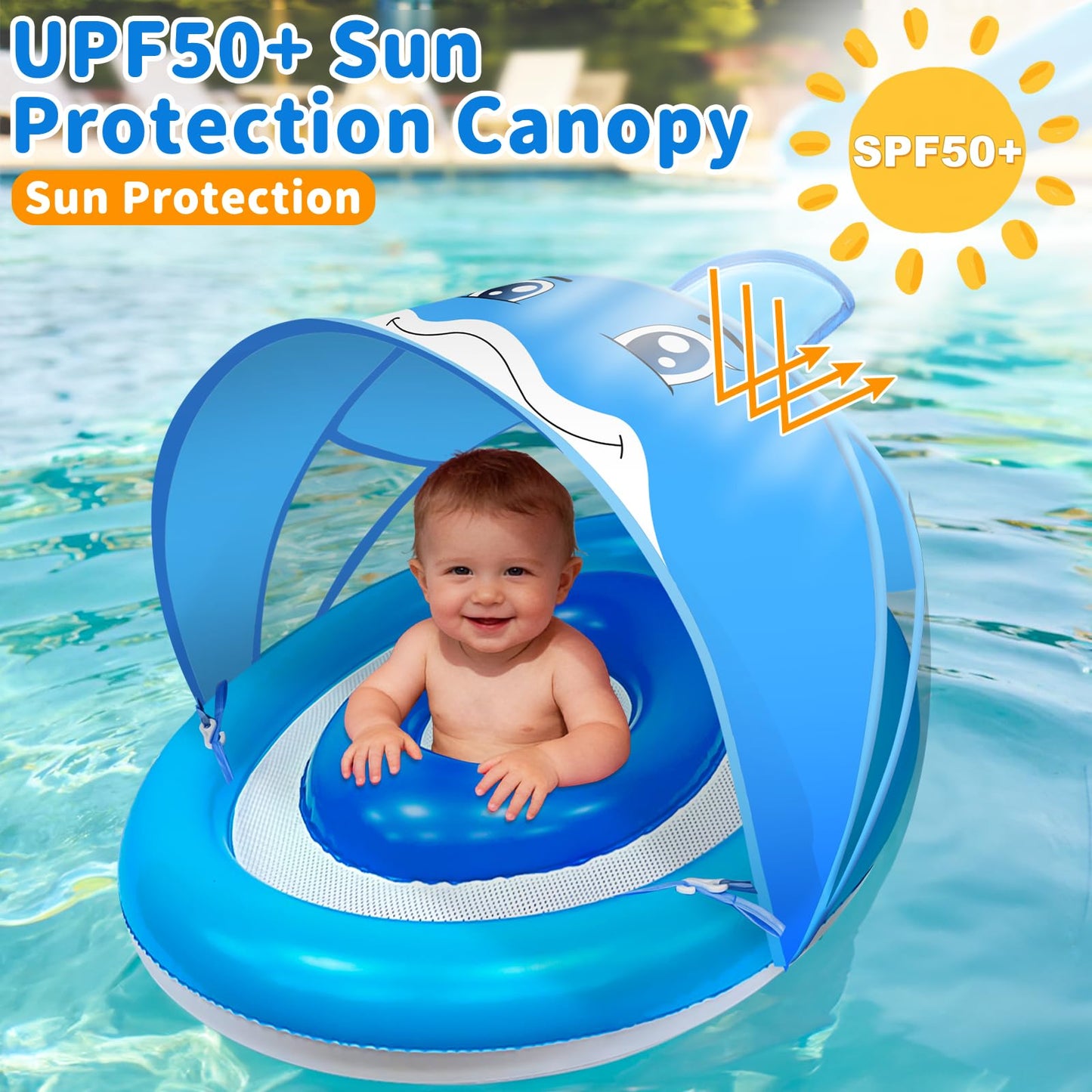 AMENON Baby Pool Float with Canopy – UPF 50+ Sun Protection, Dual Air Chambers
