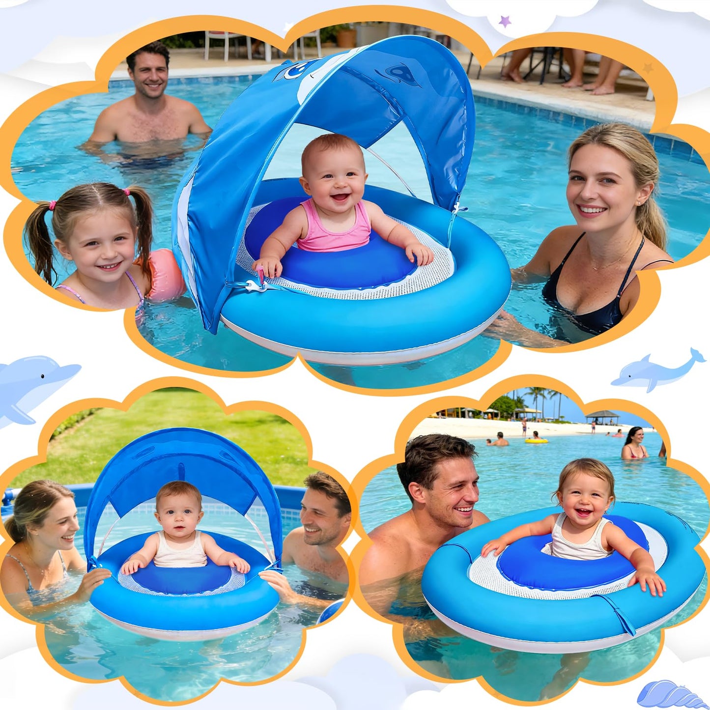 AMENON Baby Pool Float with Canopy – UPF 50+ Sun Protection, Dual Air Chambers