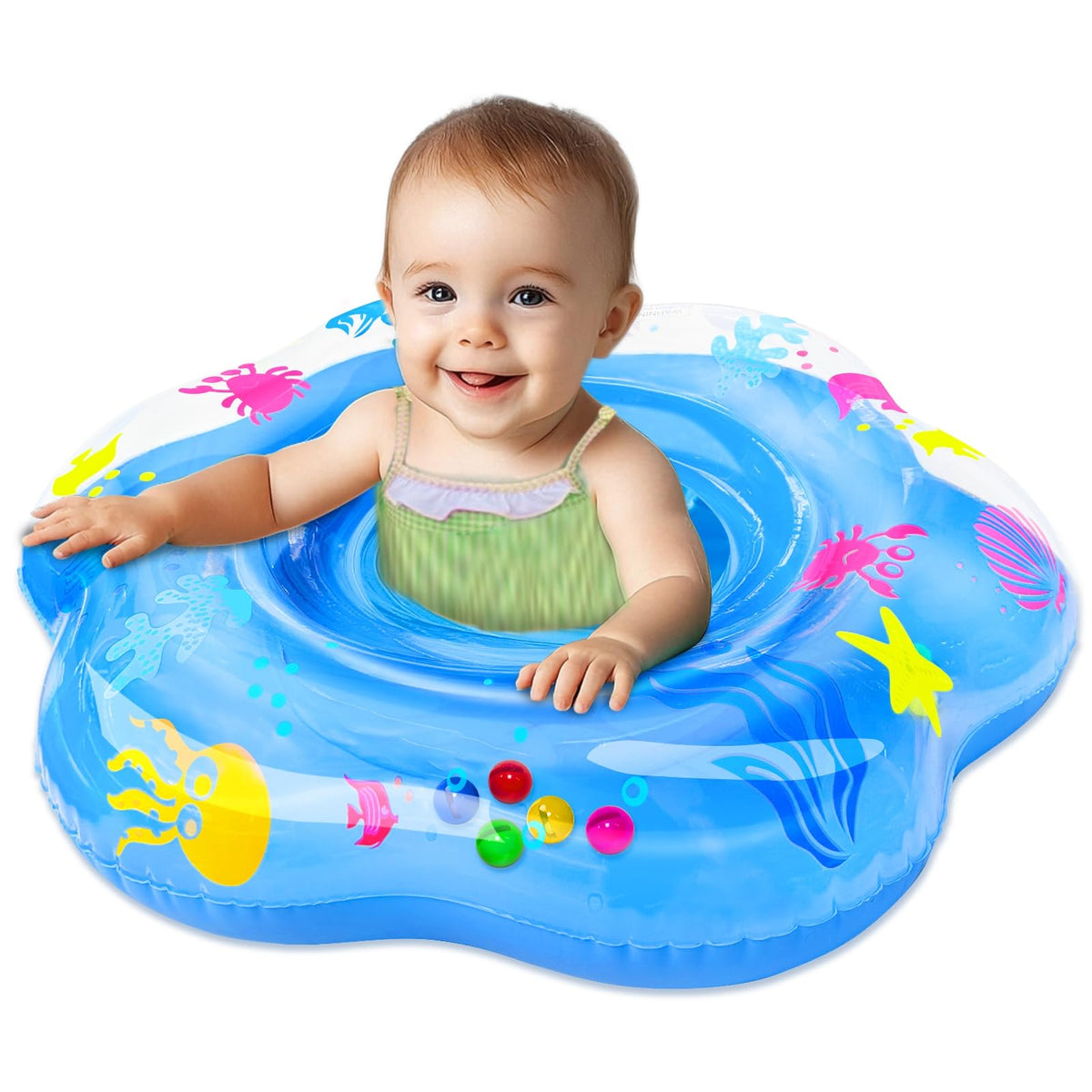 AMENON Extra-Large 25.6-Inch Baby Pool Float with Double Airbags & Safety Seat – 6–36 Months
