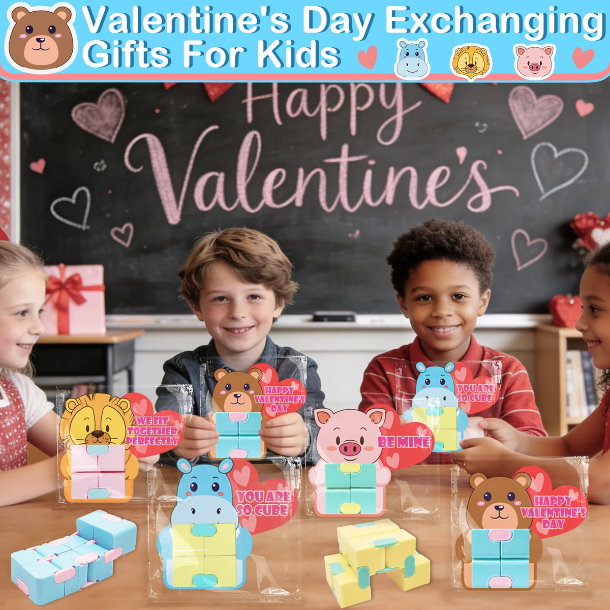 AMENON 28-Pack Valentine’s Day Infinity Cube Fidget Toys with Cards & Gift Bags