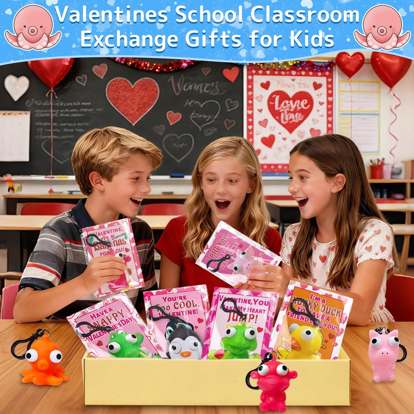 AMENON Valentines Day Kids Gift Set: 24 Cards with Squeeze Animals & Popping-Eye Keychains
