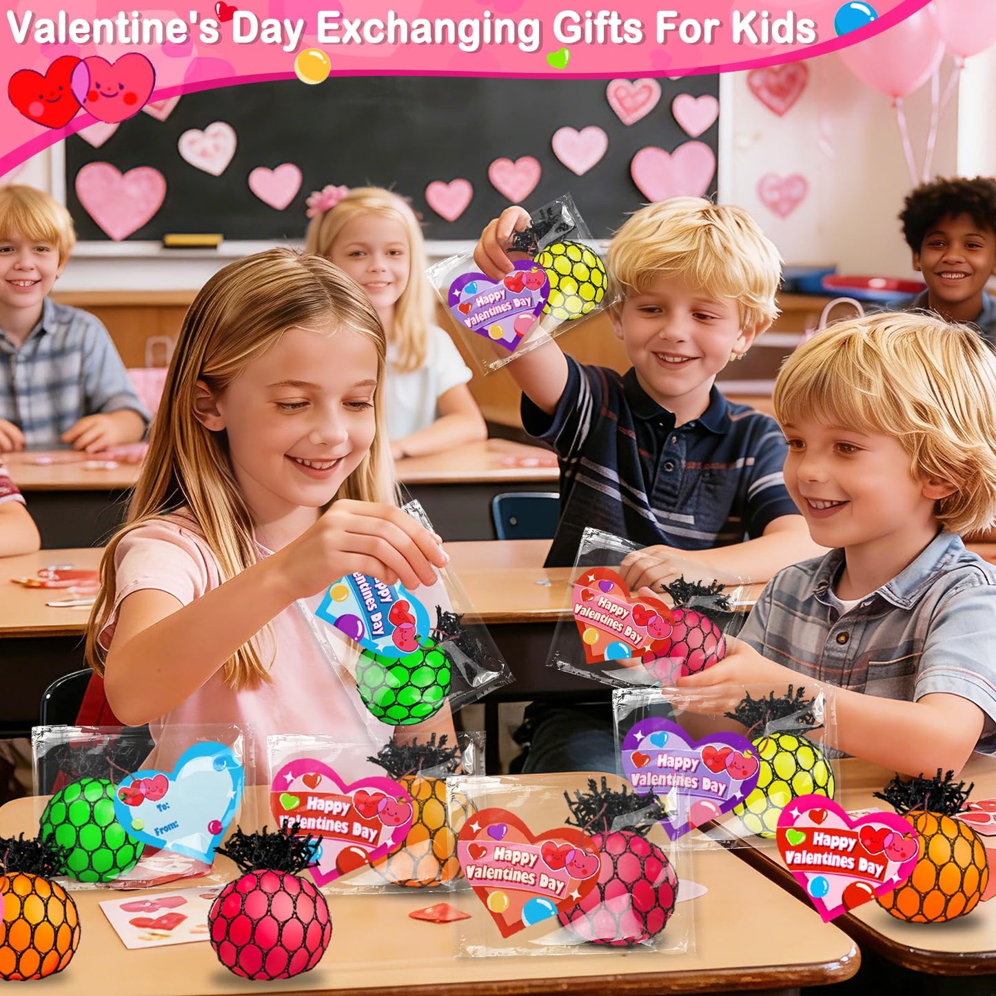 AMENON 24 Pack Valentines Day Gifts for Kids & Teens – Fidget Stress Balls with Cards