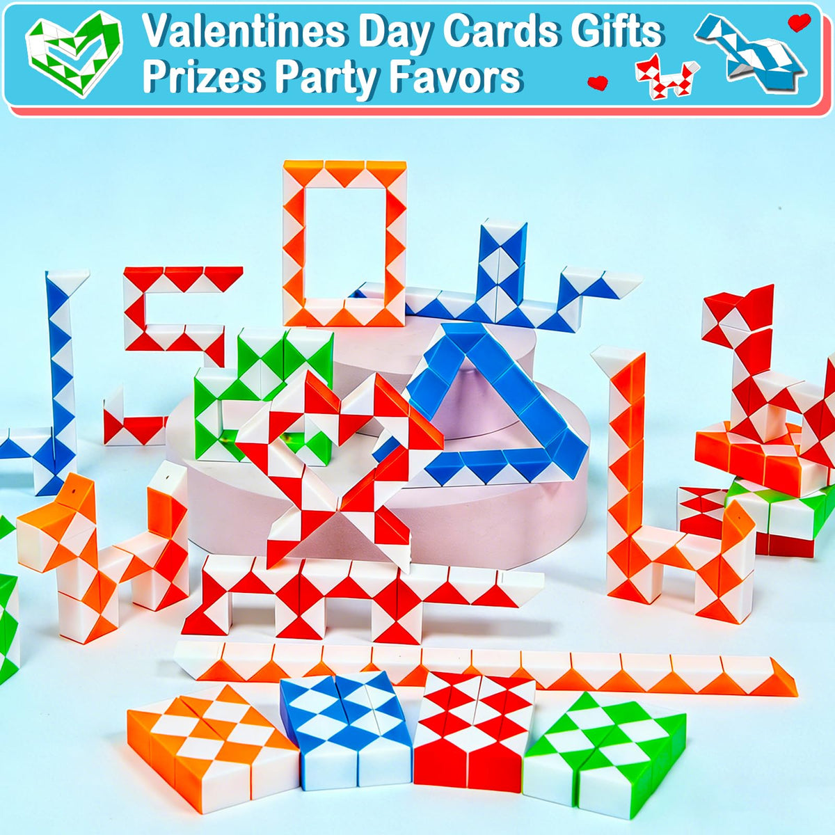 AMENON 28 Pack Valentines Day Gifts for Kids – Snake Cube Twist Puzzles, Cards & Gift Bags for Classrooms