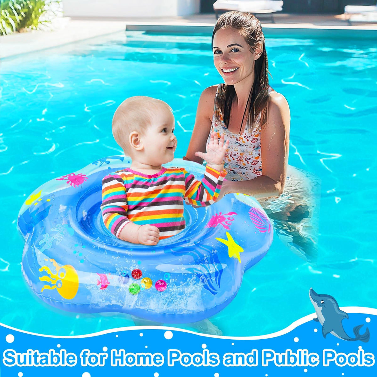 AMENON Extra-Large 25.6-Inch Baby Pool Float with Double Airbags & Safety Seat – 6–36 Months