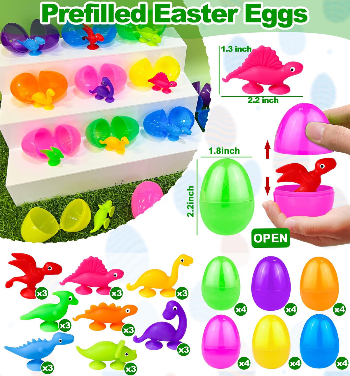 AMENON 24 Pcs Prefilled Easter Eggs with Dinosaur Toys – Suction Cup Filler for Kids
