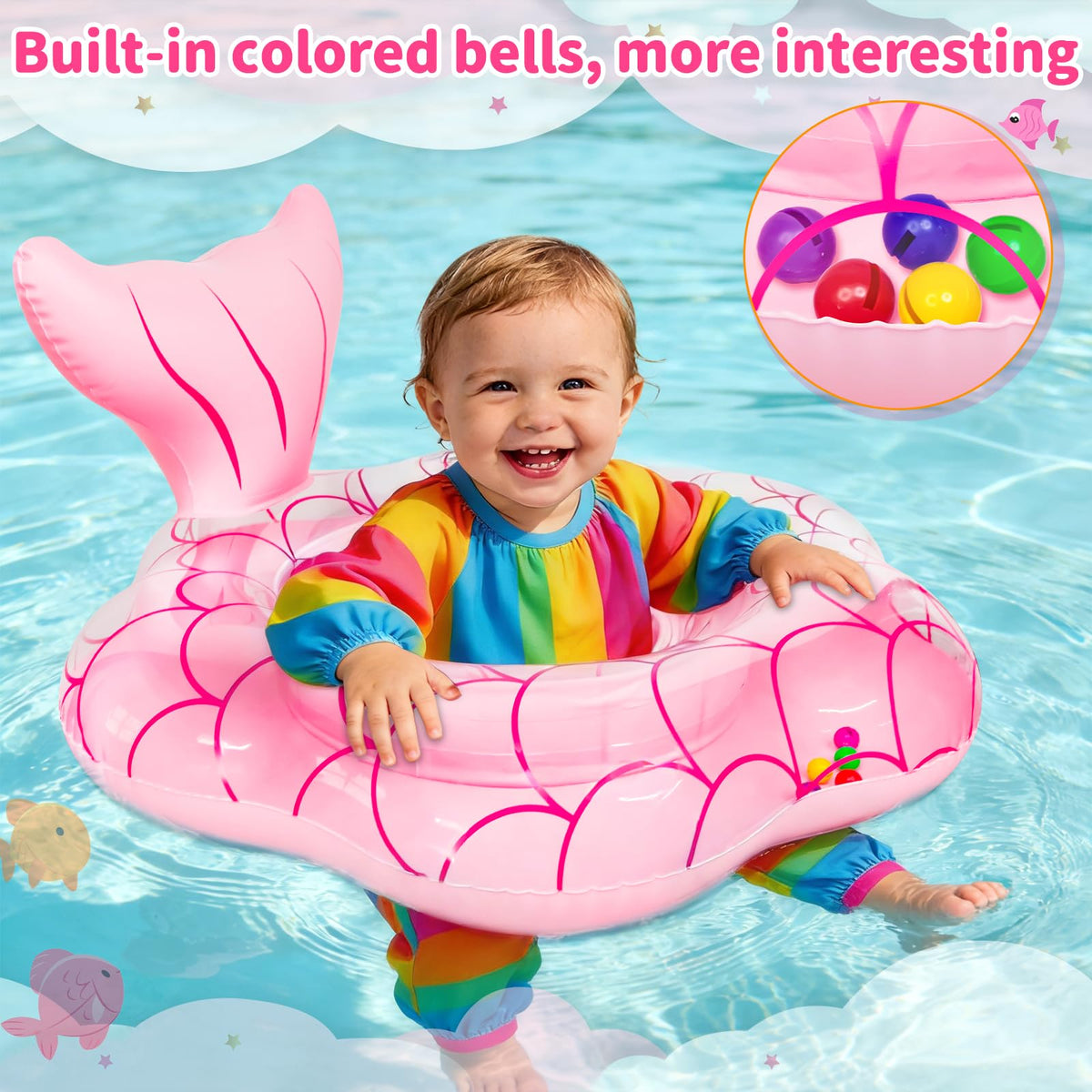 AMENON 25.6" Large Baby Pool Float — Mermaid Toddler Float with Safety Seat & Dual Air Valves