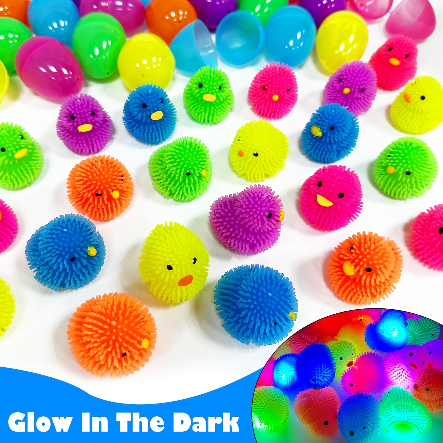 AMENON 24 Pack LED Puffer Egg Easter Eggs – Chick & Duck Light-Up Fidget Toys