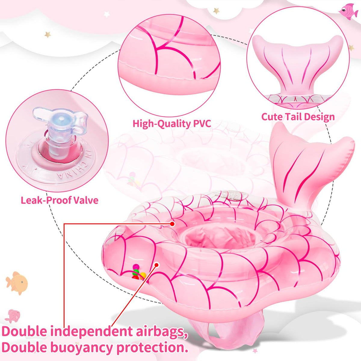 AMENON 25.6" Large Baby Pool Float — Mermaid Toddler Float with Safety Seat & Dual Air Valves