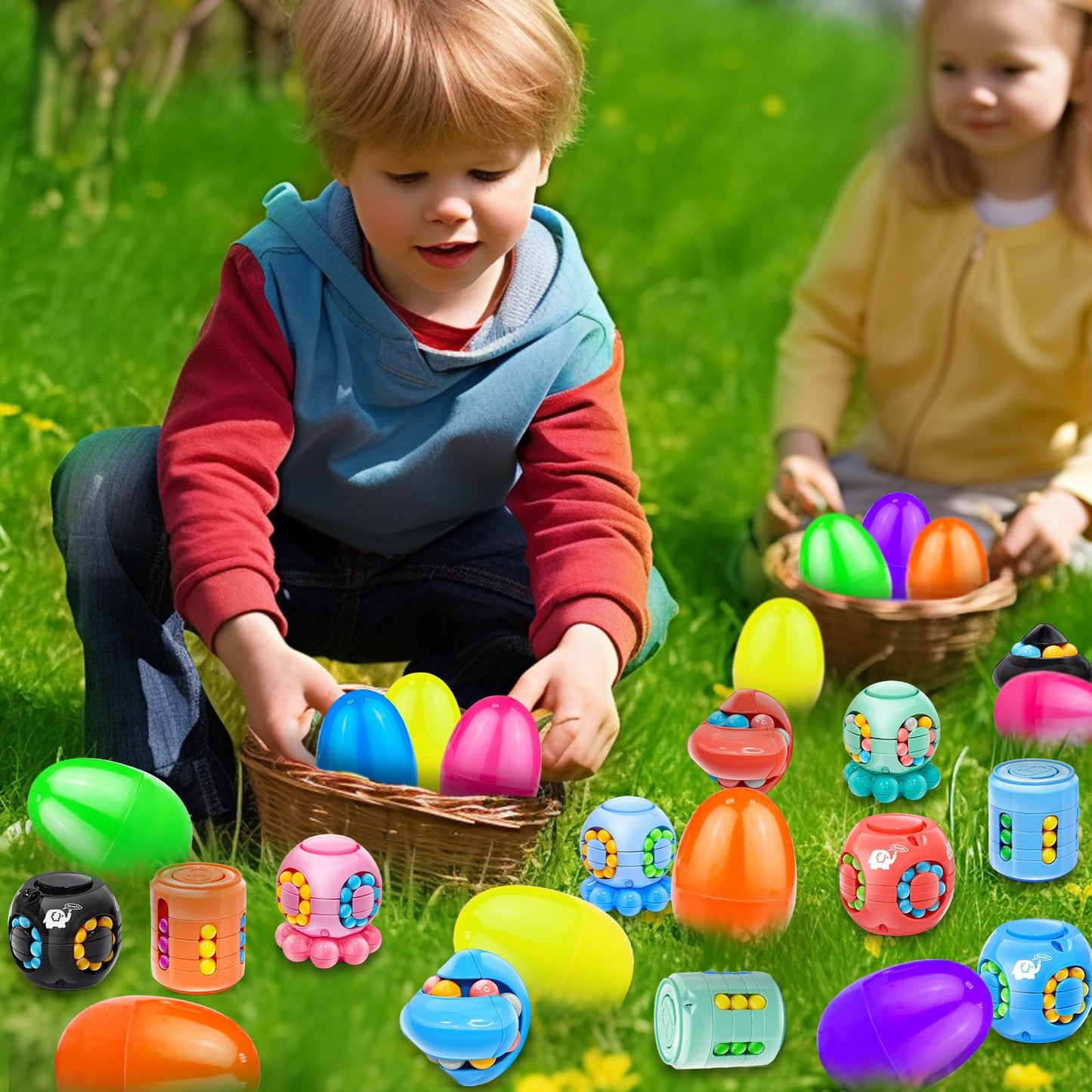 AMENON 12-Pack 3.4-Inch Jumbo Filled Easter Eggs with Toys – 4 Styles Fidget Spinners for Easter Fun
