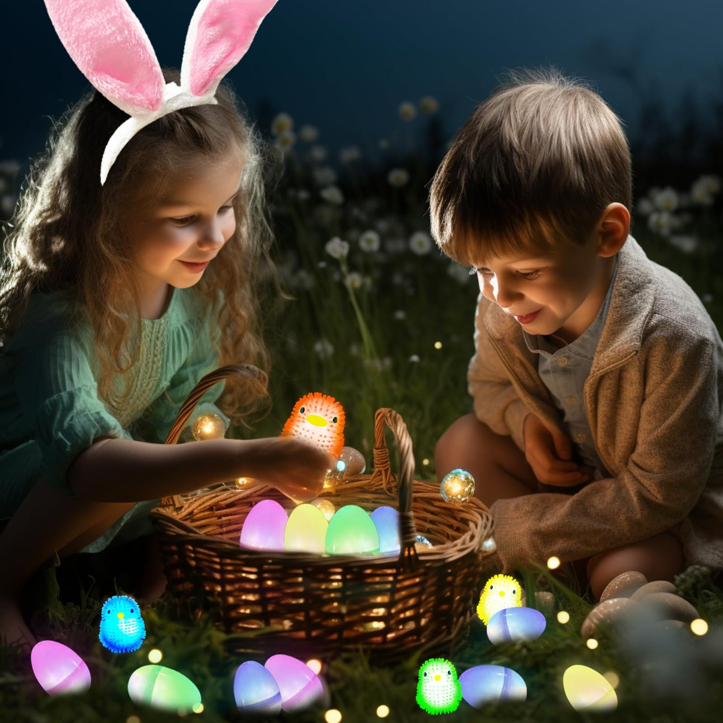 AMENON 24 Pack LED Puffer Egg Easter Eggs – Chick & Duck Light-Up Fidget Toys