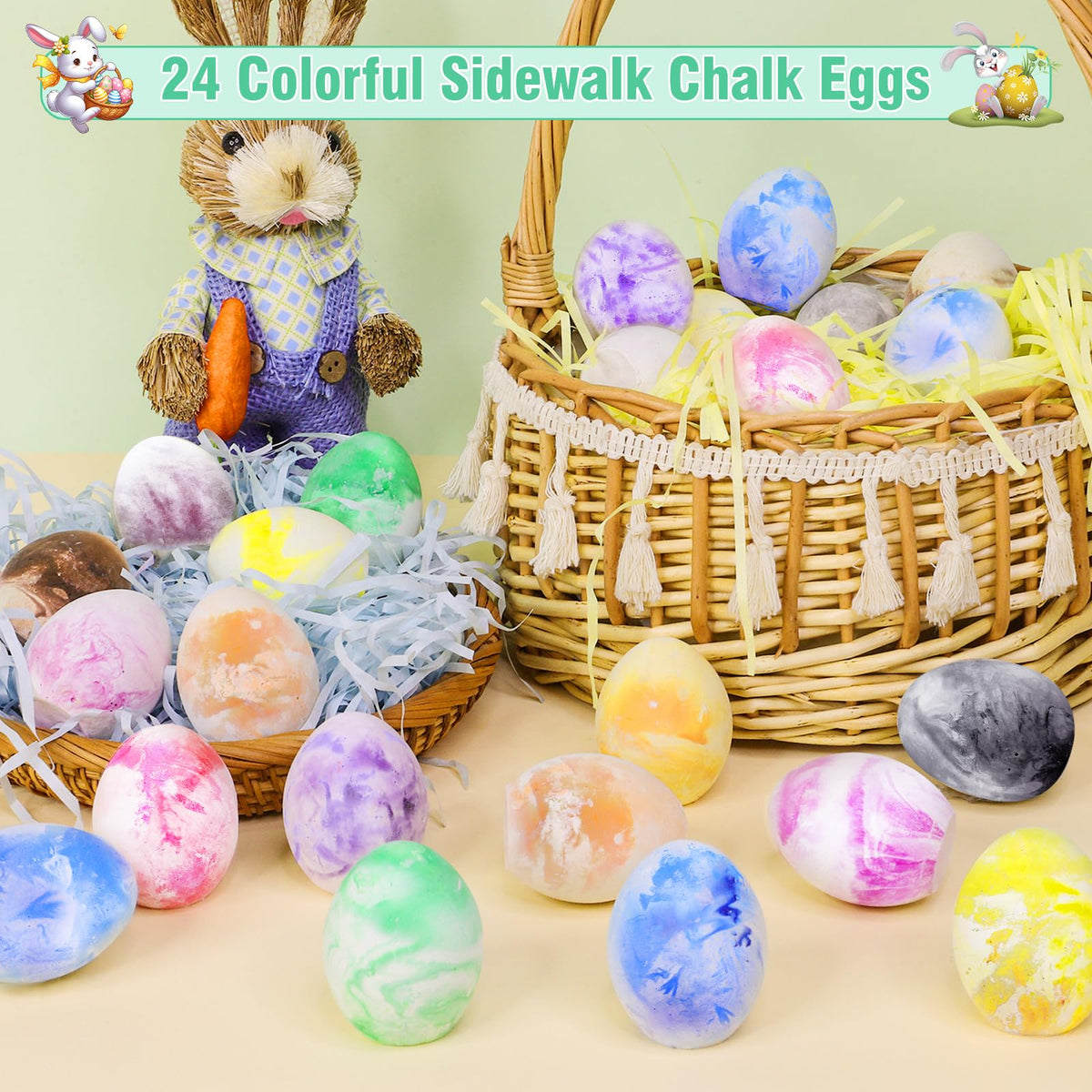 AMENON 24-Pack Easter Chalk Eggs - Colorful, Non-Toxic Sidewalk Chalk for Kids