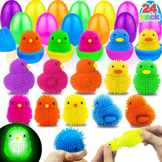 AMENON 24 Pack LED Puffer Egg Easter Eggs – Chick & Duck Light-Up Fidget Toys