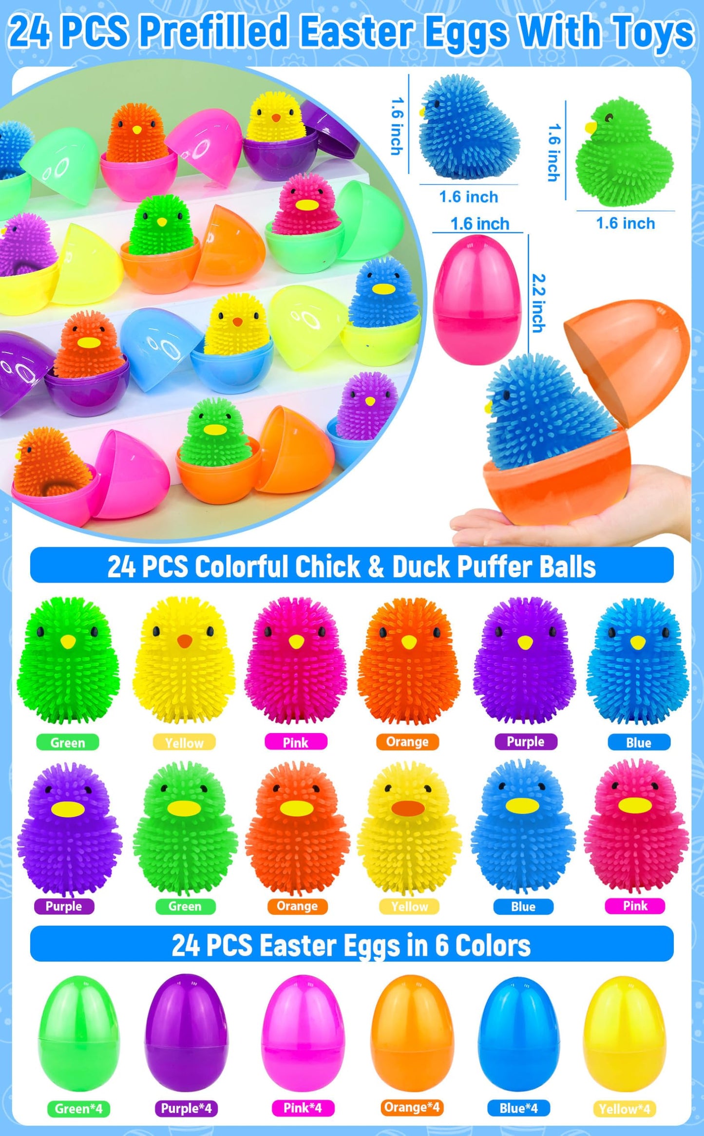 AMENON 24 Pack LED Puffer Egg Easter Eggs – Chick & Duck Light-Up Fidget Toys