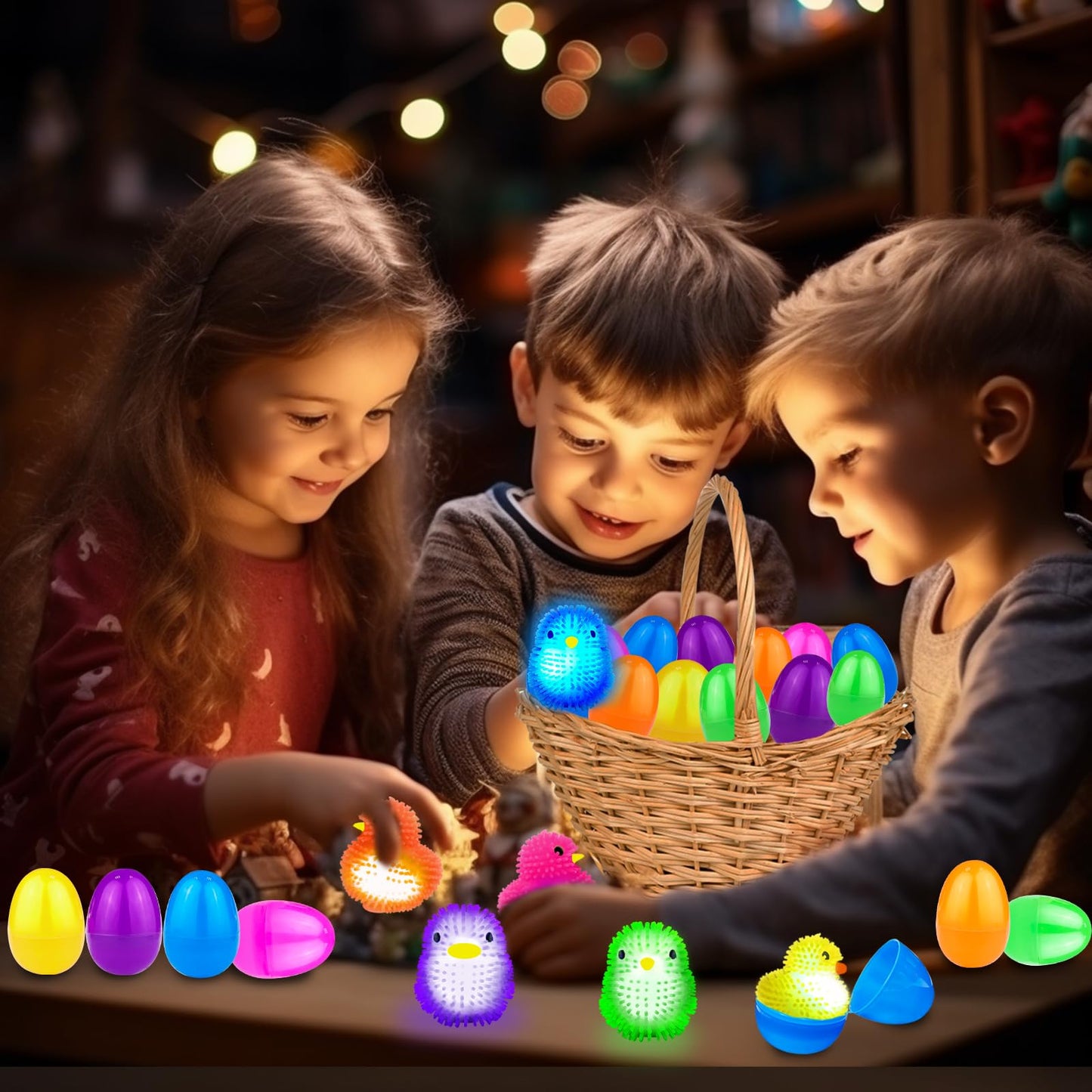 AMENON 24 Pack LED Puffer Egg Easter Eggs – Chick & Duck Light-Up Fidget Toys