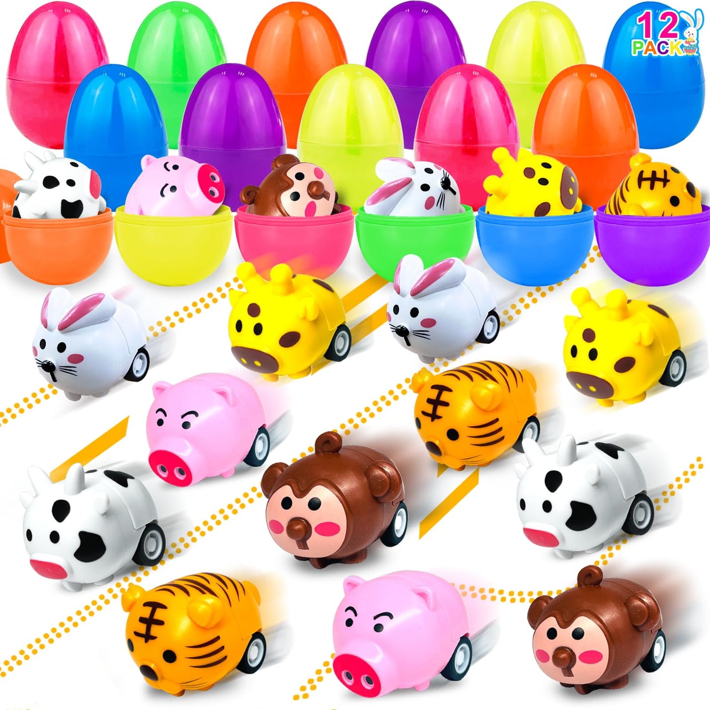 AMENON 12 Pack Filled Easter Eggs with Animal Pull-Back Cars – Fun Party Favors & Easter Egg Hunt Toys