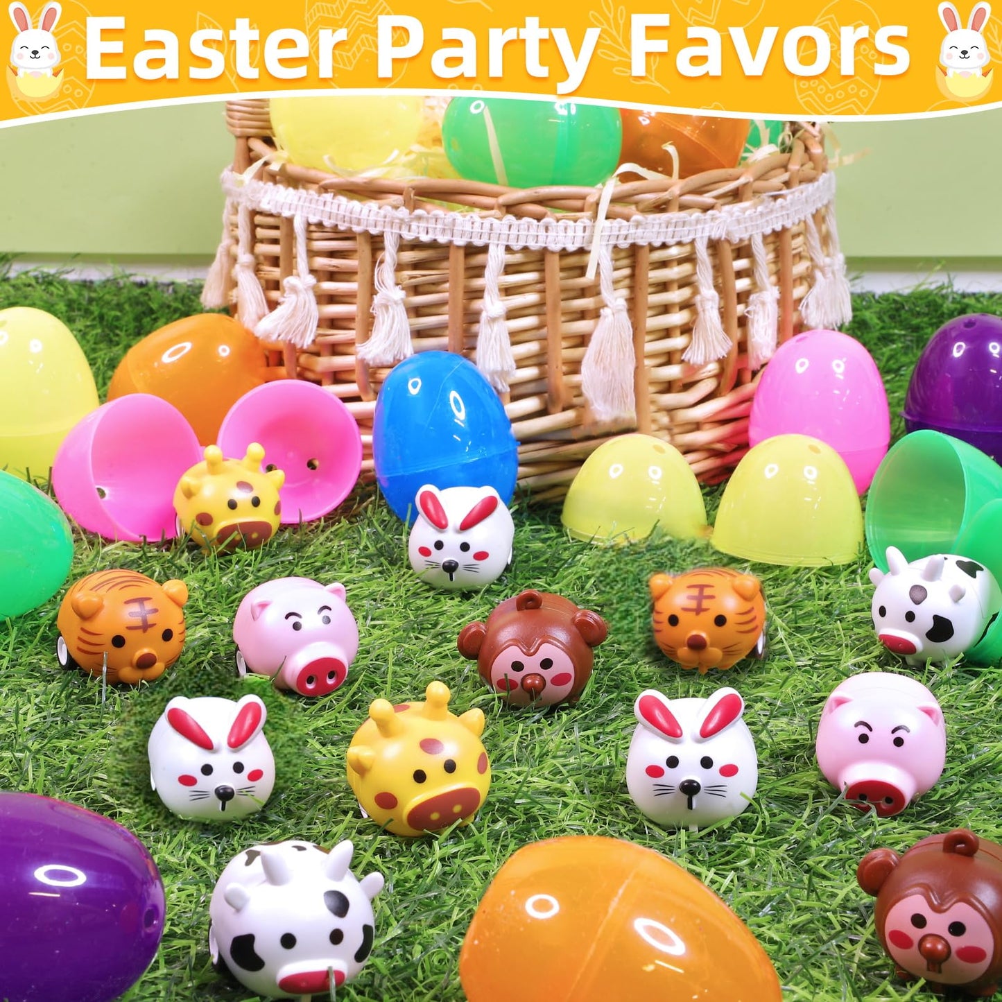AMENON 12 Pack Filled Easter Eggs with Animal Pull-Back Cars – Fun Party Favors & Easter Egg Hunt Toys