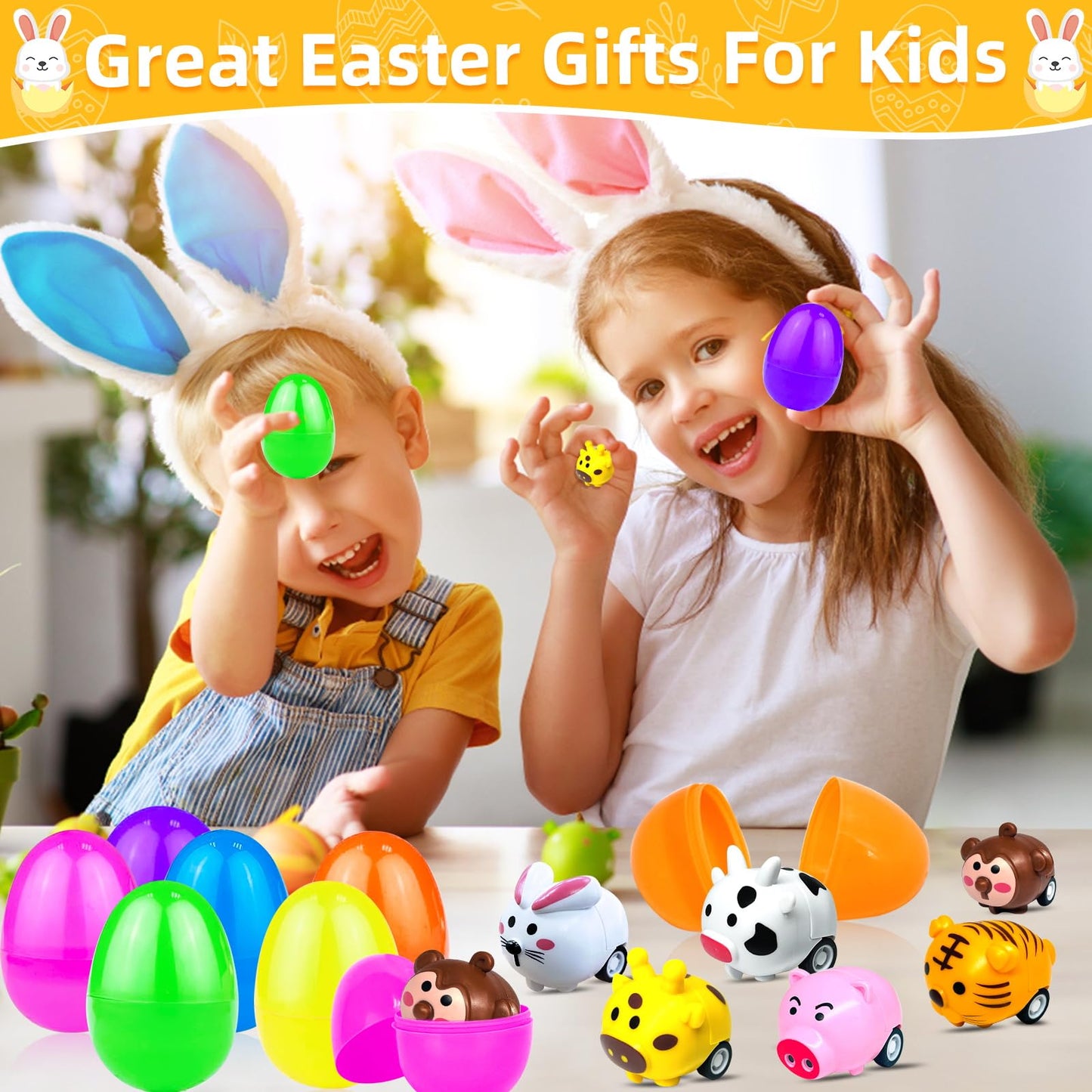 AMENON 12 Pack Filled Easter Eggs with Animal Pull-Back Cars – Fun Party Favors & Easter Egg Hunt Toys
