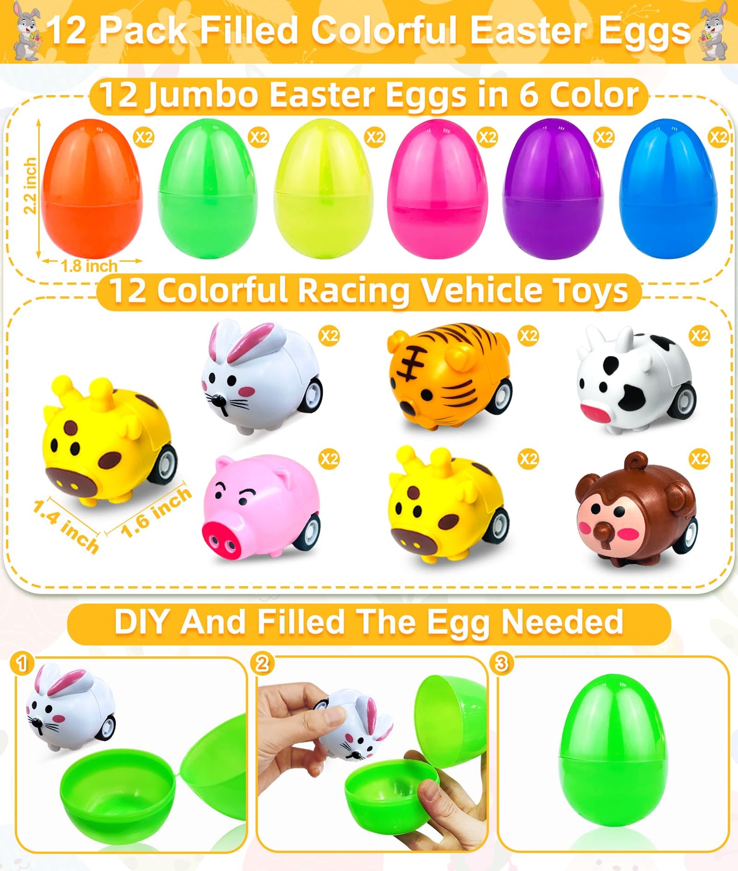 AMENON 12 Pack Filled Easter Eggs with Animal Pull-Back Cars – Fun Party Favors & Easter Egg Hunt Toys