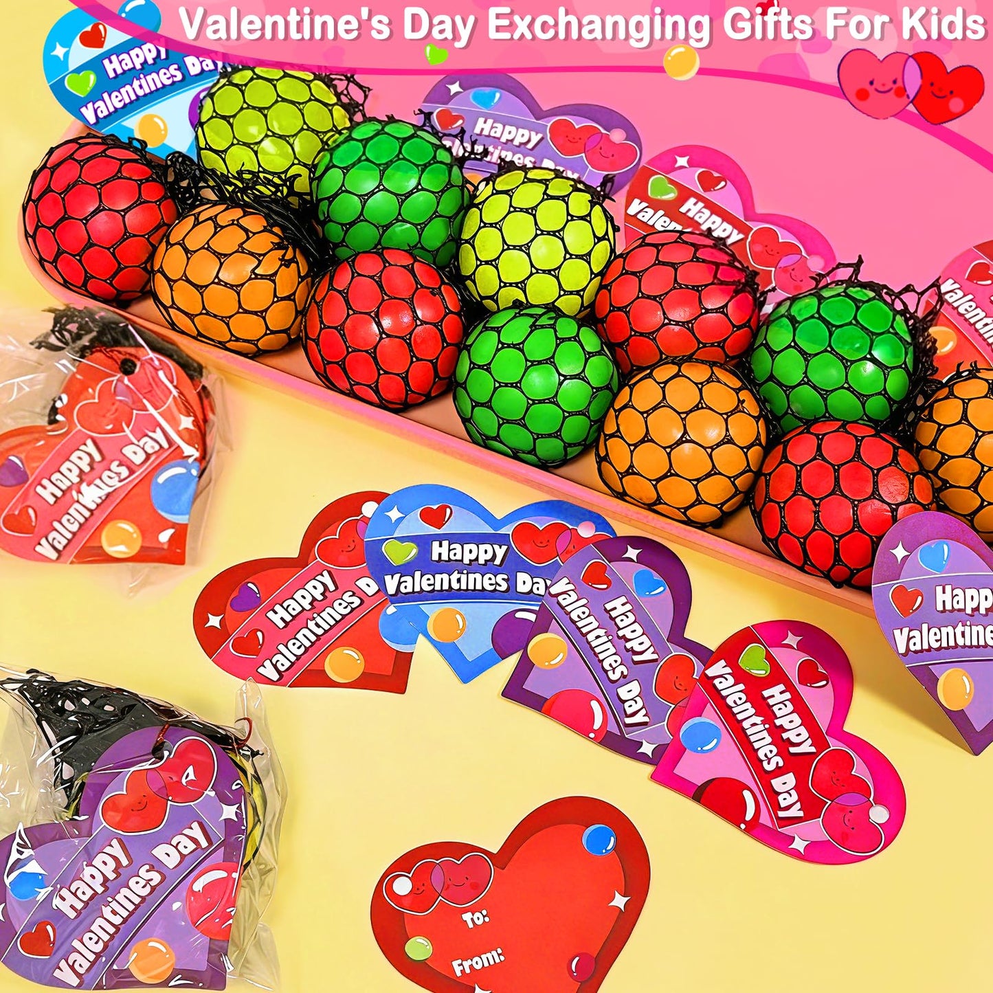 AMENON 24 Pack Valentines Day Gifts for Kids & Teens – Fidget Stress Balls with Cards