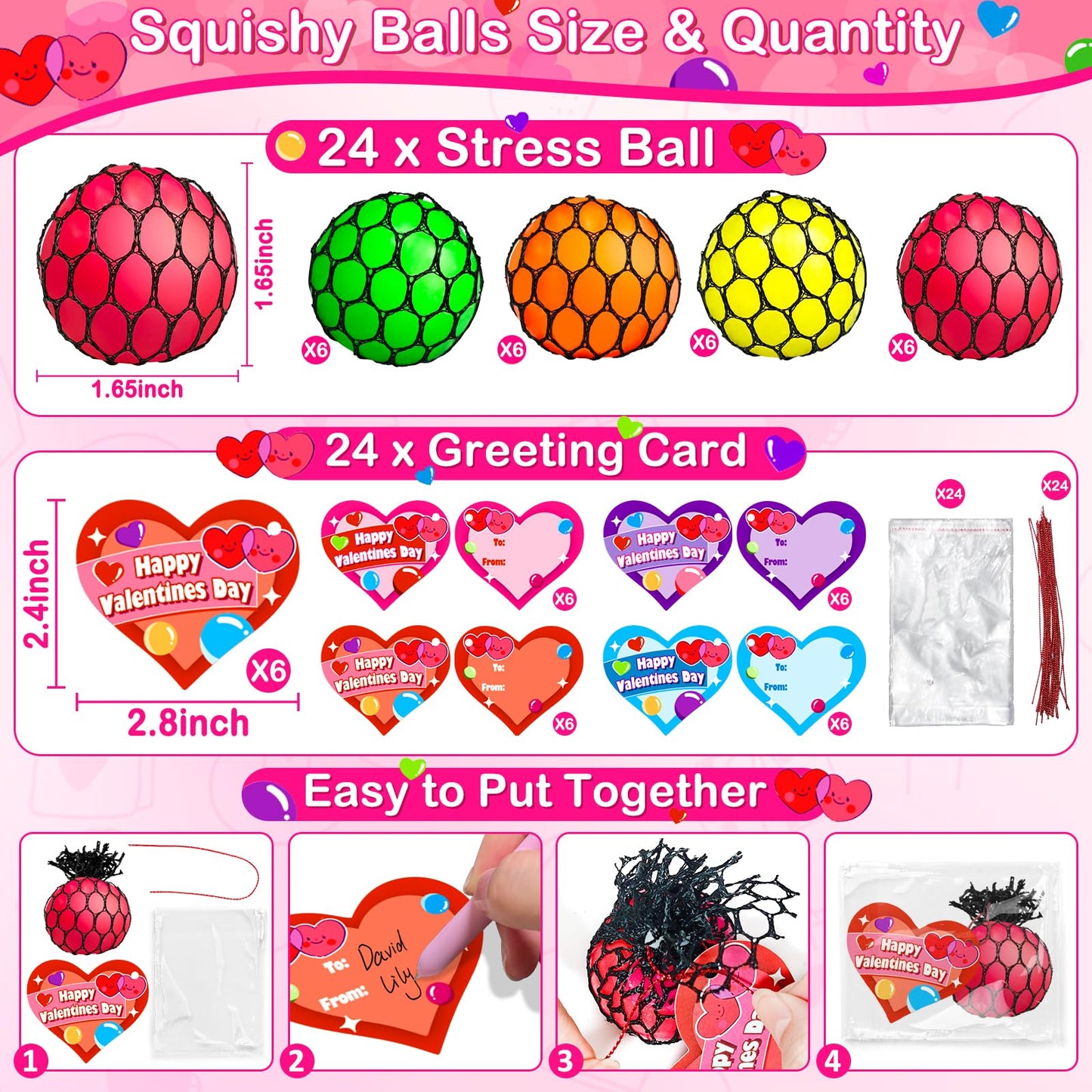AMENON 24 Pack Valentines Day Gifts for Kids & Teens – Fidget Stress Balls with Cards