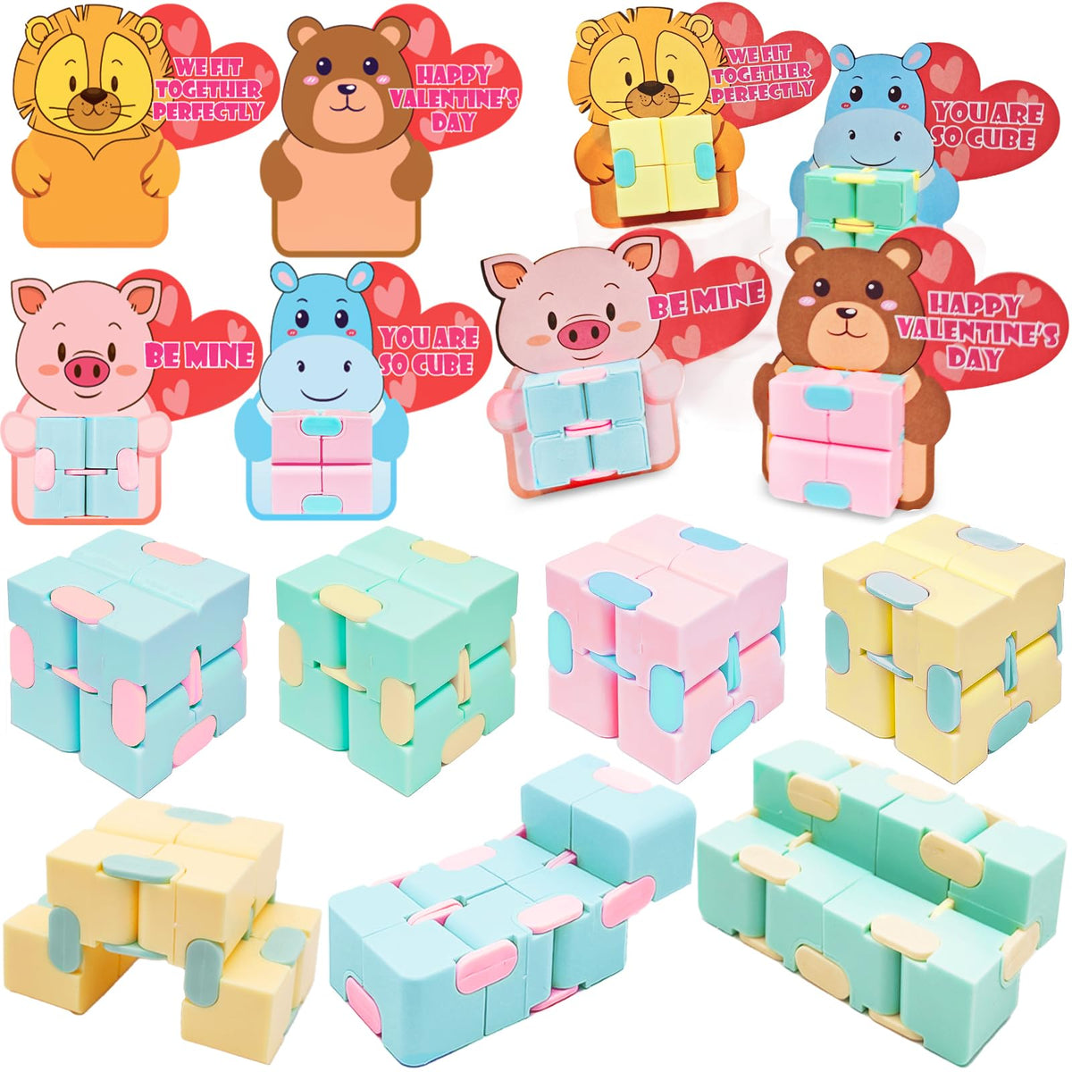AMENON 28-Pack Valentine’s Day Infinity Cube Fidget Toys with Cards & Gift Bags