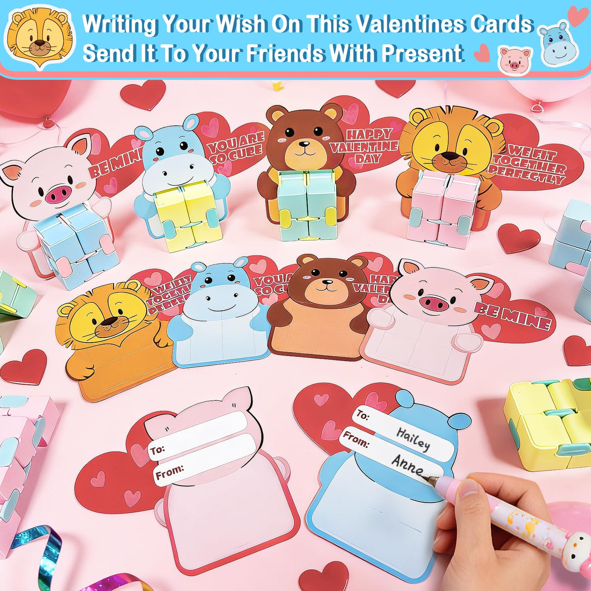 AMENON 28-Pack Valentine’s Day Infinity Cube Fidget Toys with Cards & Gift Bags