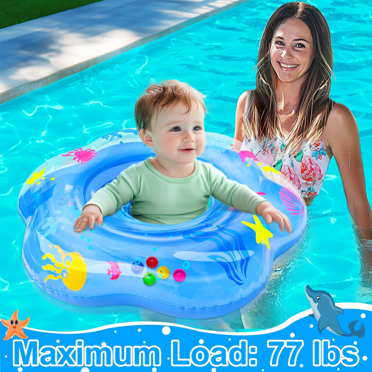 AMENON Extra-Large 25.6-Inch Baby Pool Float with Double Airbags & Safety Seat – 6–36 Months