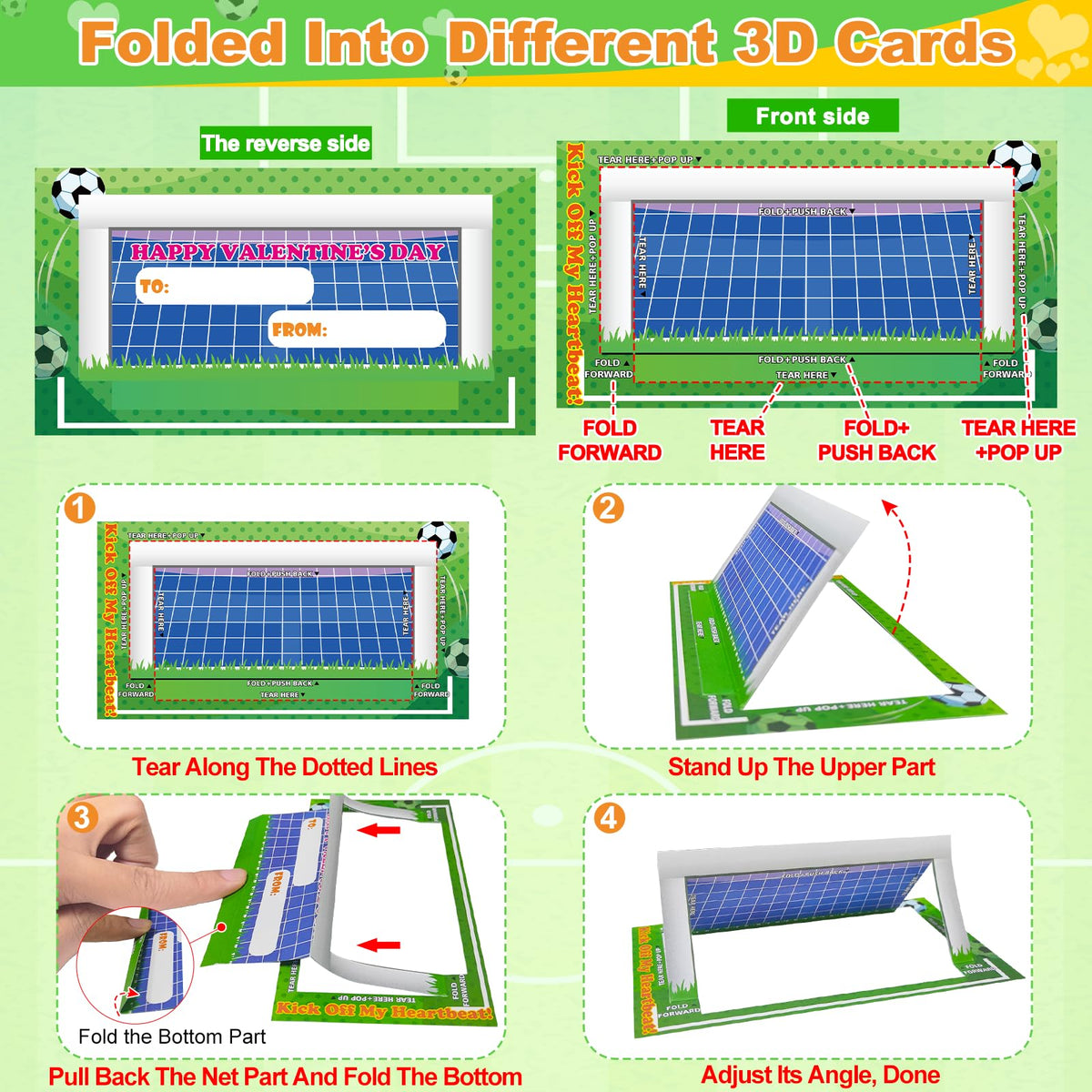 AMENON 3D Goal Cards – 24-Pack Valentine’s Day Finger Soccer Game for Kids