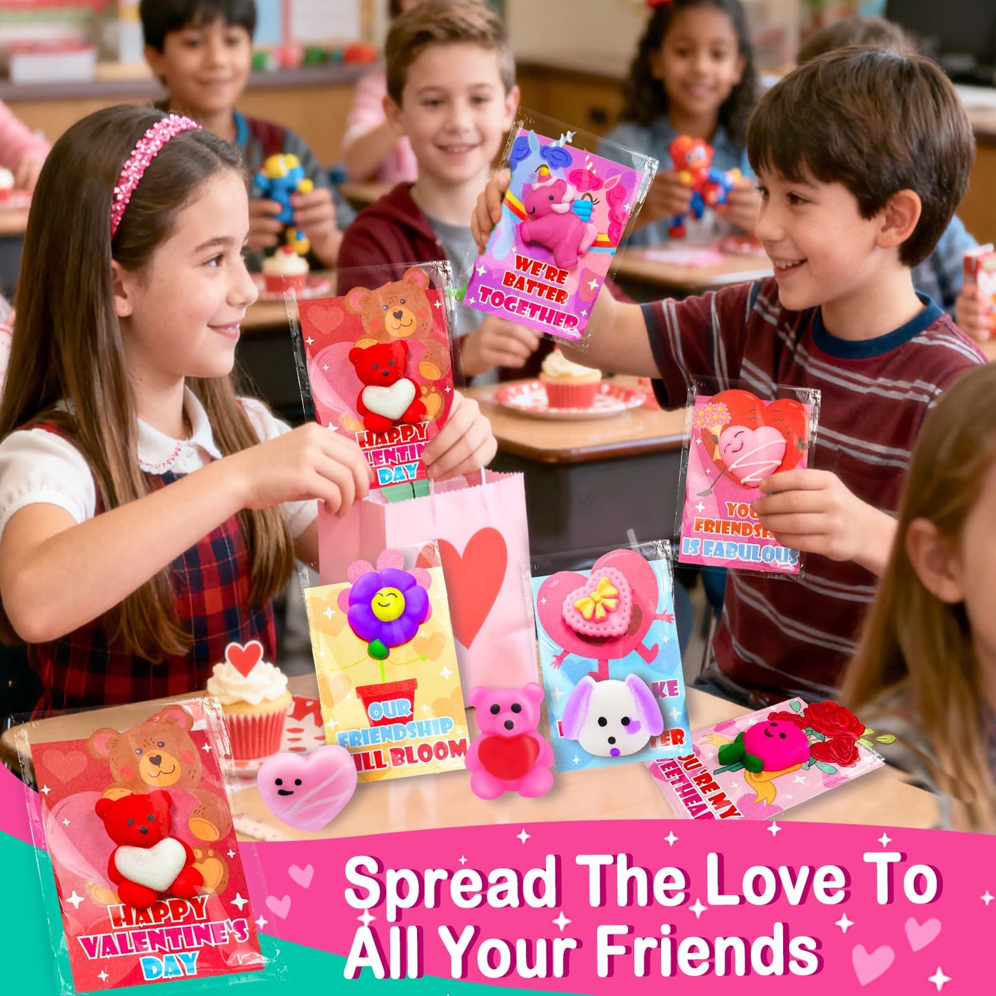 AMENON 28 Pack Valentines Day Gifts for Kids – Mochi Squishy Toys with Cards | Classroom Party Favors