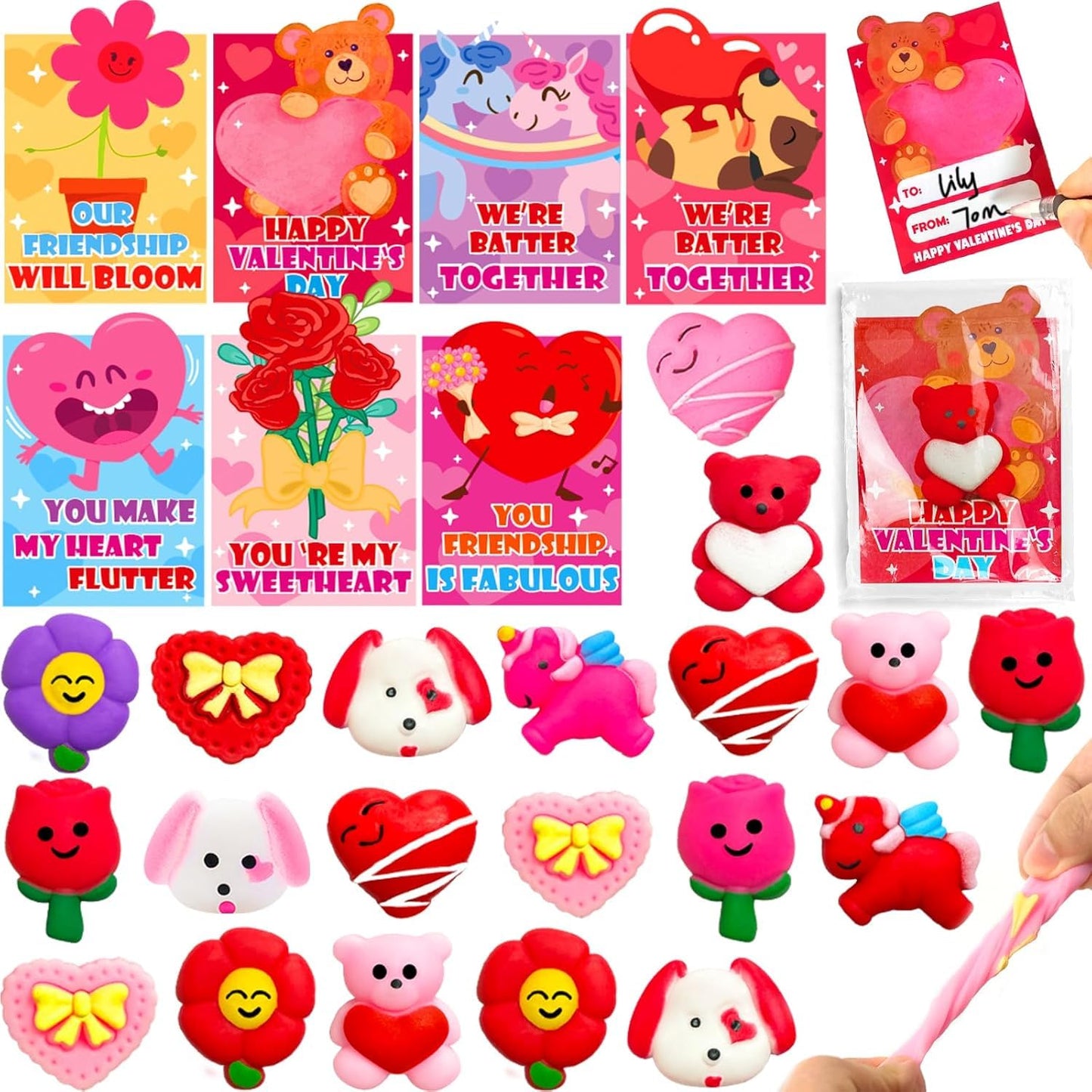 AMENON 28 Pack Valentines Day Gifts for Kids – Mochi Squishy Toys with Cards | Classroom Party Favors