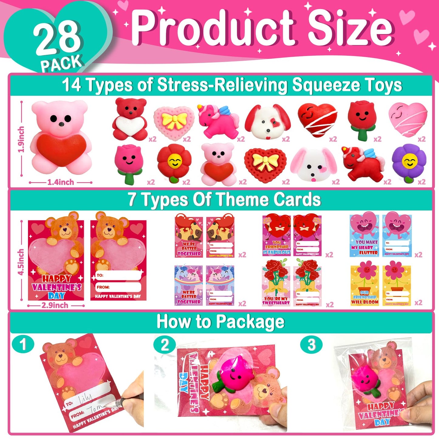 AMENON 28 Pack Valentines Day Gifts for Kids – Mochi Squishy Toys with Cards | Classroom Party Favors