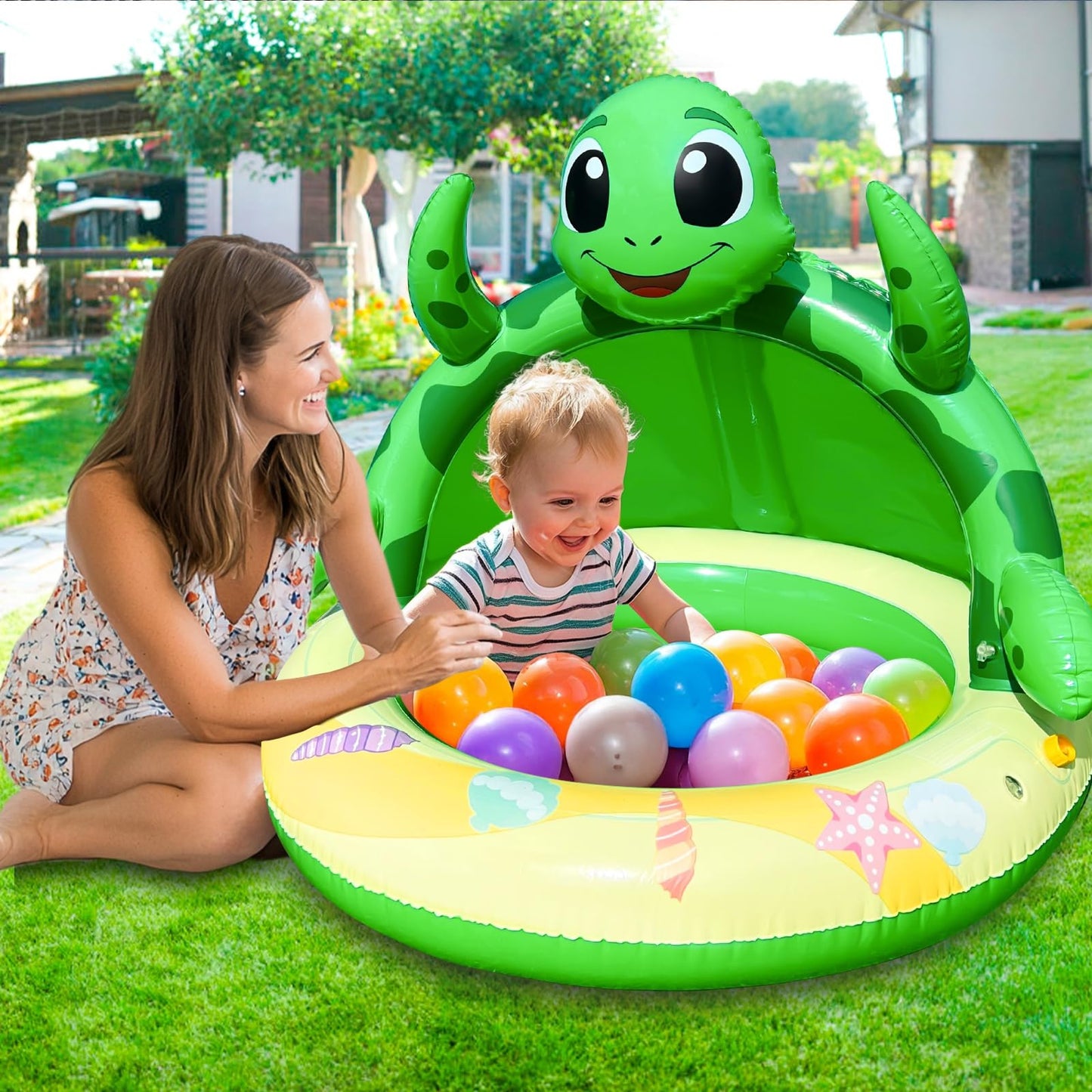 AMENON Turtle Baby Pool Sprinkler with Canopy – 41x35in Water Play Mat