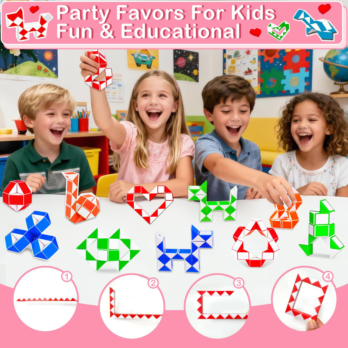 AMENON 28 Pack Valentines Day Gifts for Kids – Snake Cube Twist Puzzles, Cards & Gift Bags for Classrooms