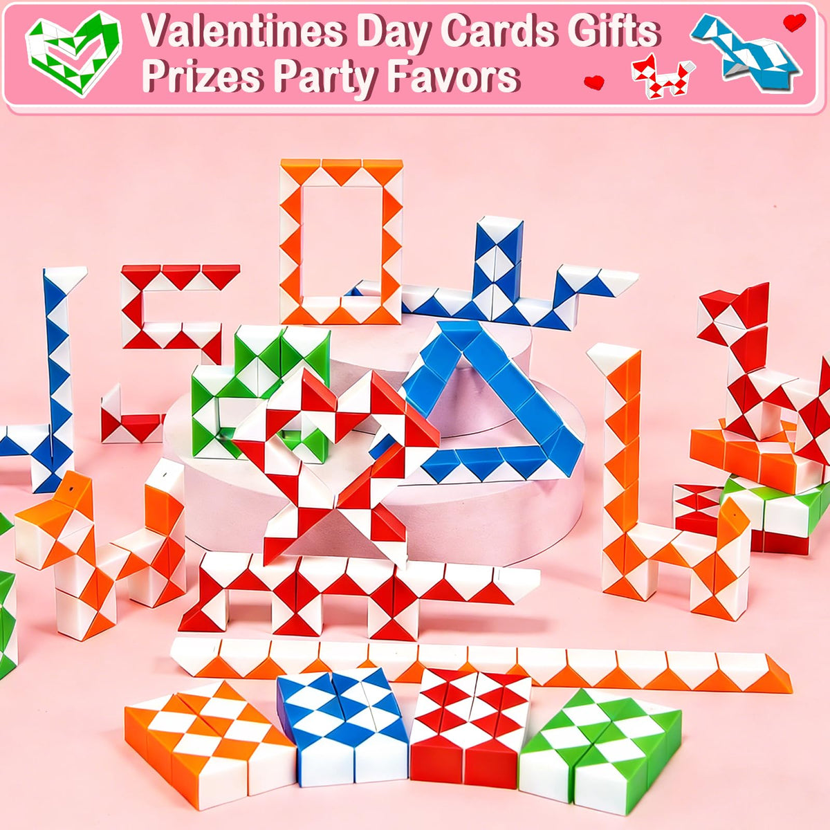AMENON 28 Pack Valentines Day Gifts for Kids – Snake Cube Twist Puzzles, Cards & Gift Bags for Classrooms