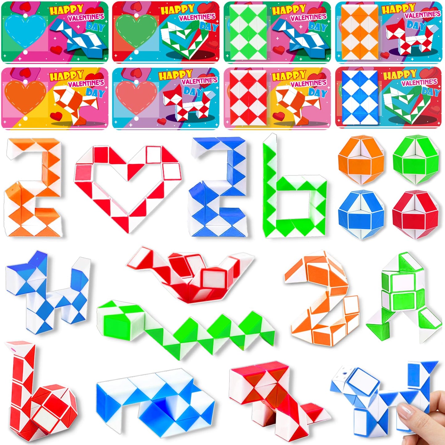 AMENON 28 Pack Valentines Day Gifts for Kids – Snake Cube Twist Puzzles, Cards & Gift Bags for Classrooms