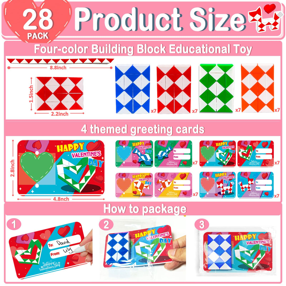 AMENON 28 Pack Valentines Day Gifts for Kids – Snake Cube Twist Puzzles, Cards & Gift Bags for Classrooms