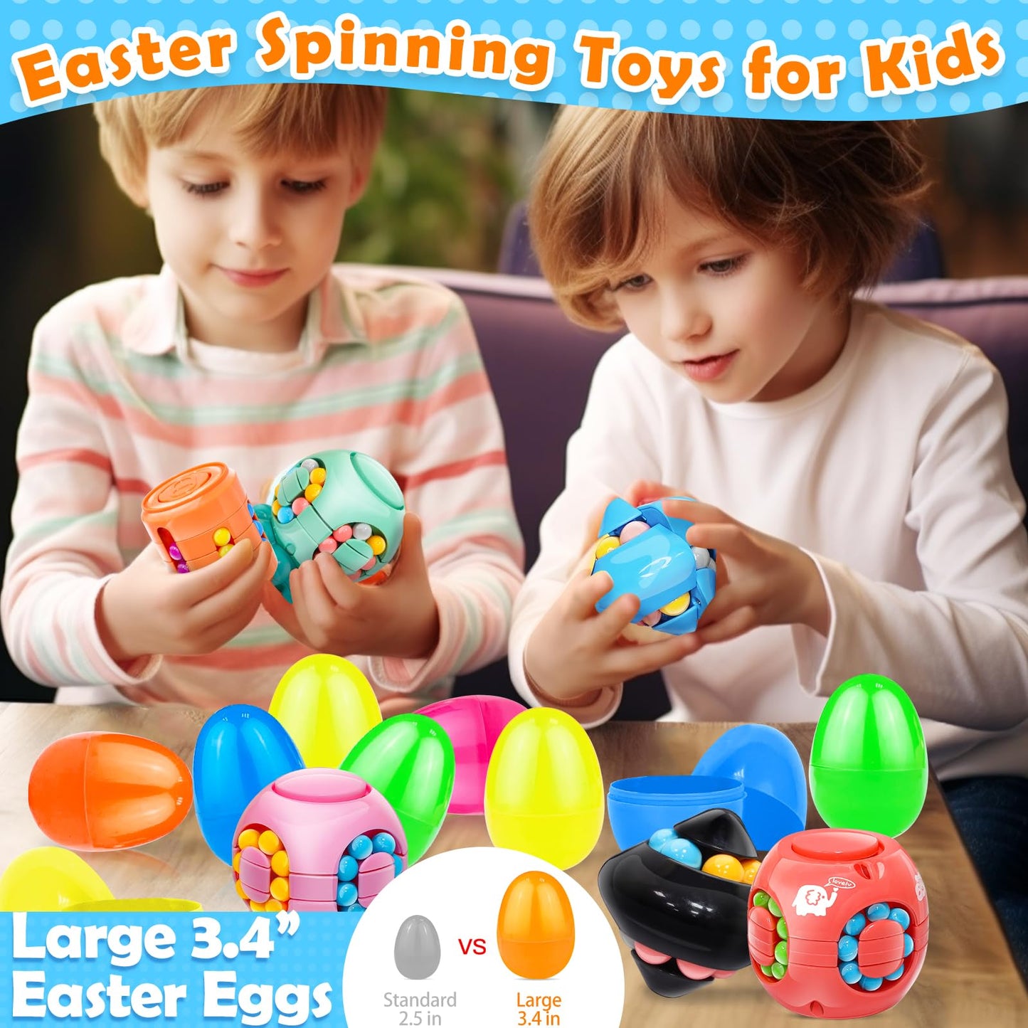 AMENON 12-Pack 3.4-Inch Jumbo Filled Easter Eggs with Toys – 4 Styles Fidget Spinners for Easter Fun